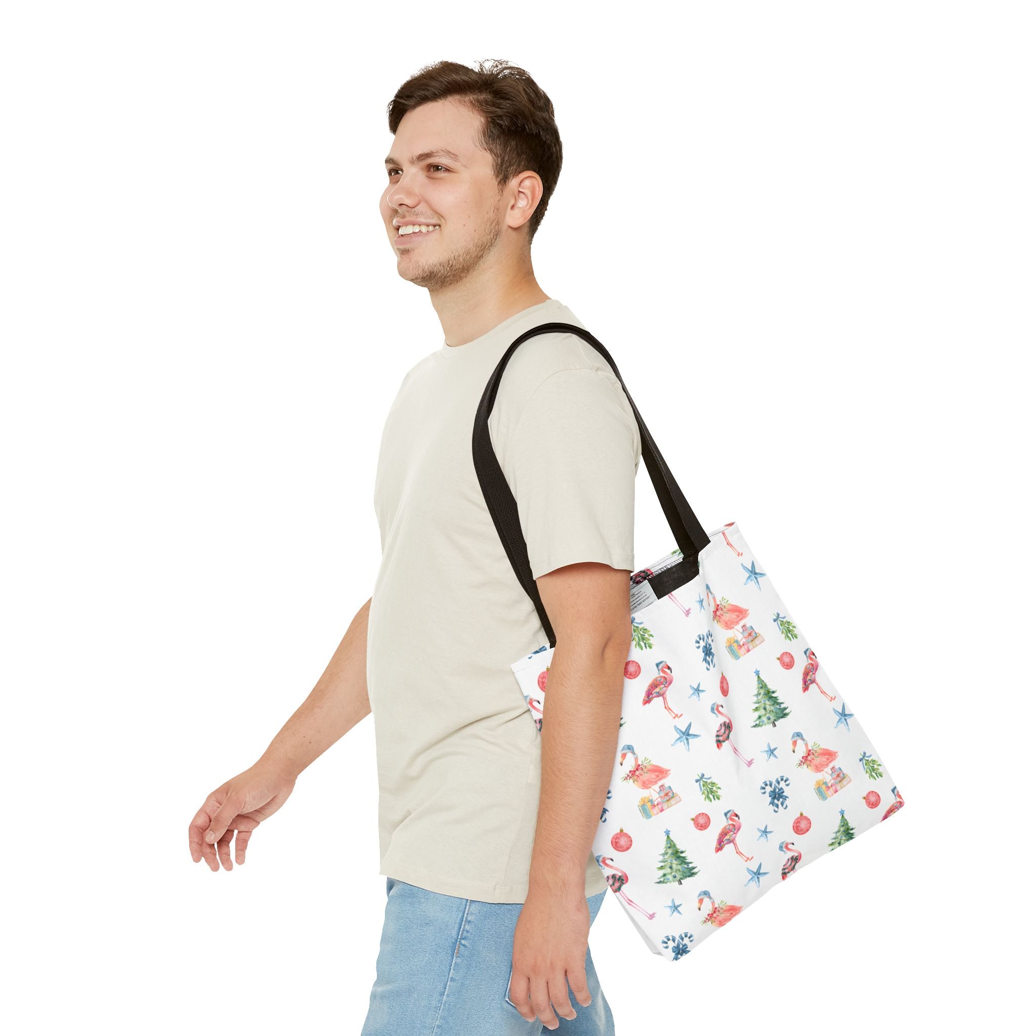 Christmas Flamingo Tote Bag, Holiday Gift, Summer Vibes, Beach Bag, Floral Shopper, Eco-Friendly，Gift Bag, Christmas Tote