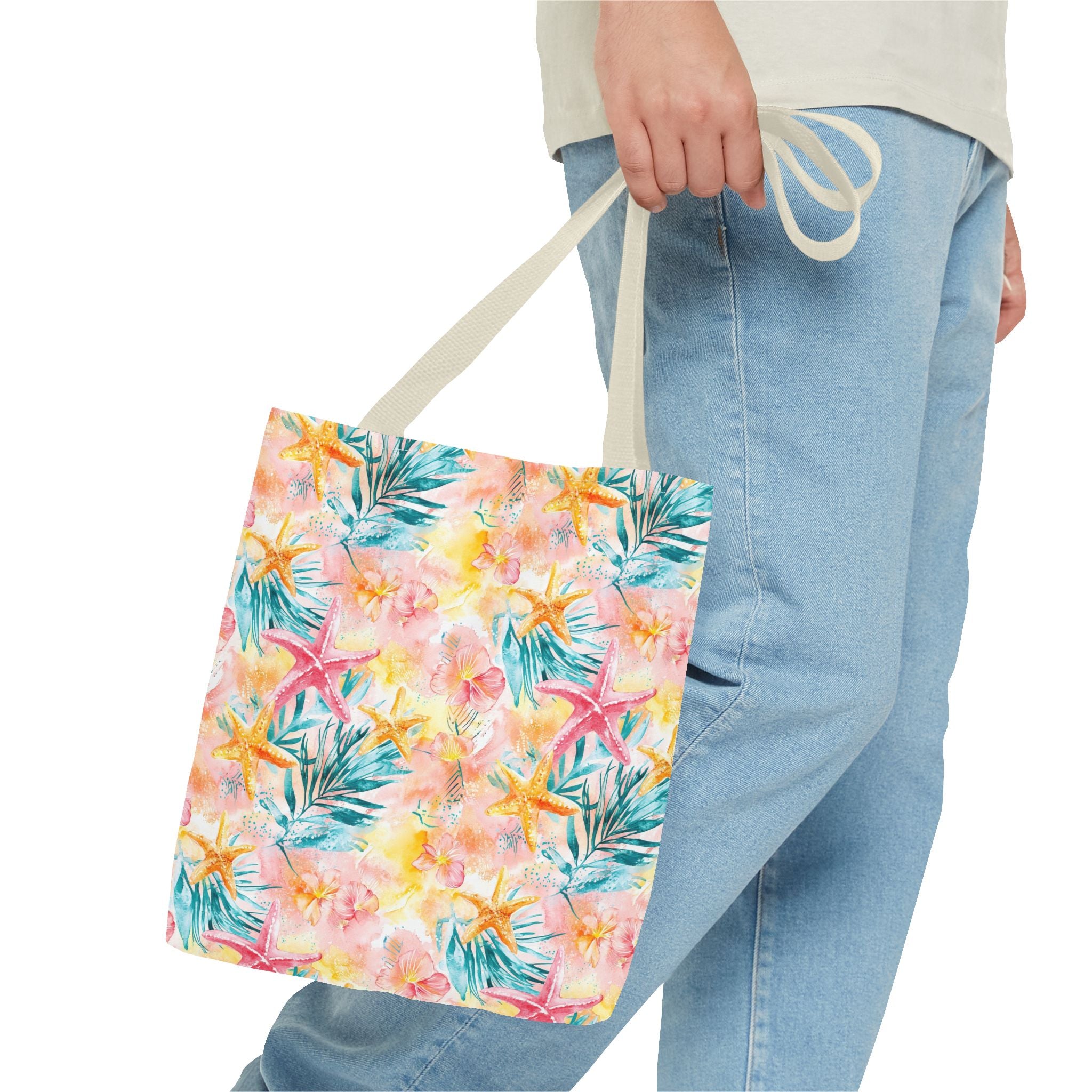 Pink tropical Starfish Tote Bag - Tropical Floral Print, Beach Essentials, Eco-Friendly, Gift for Her, Summer Vibes, Shopping Companion
