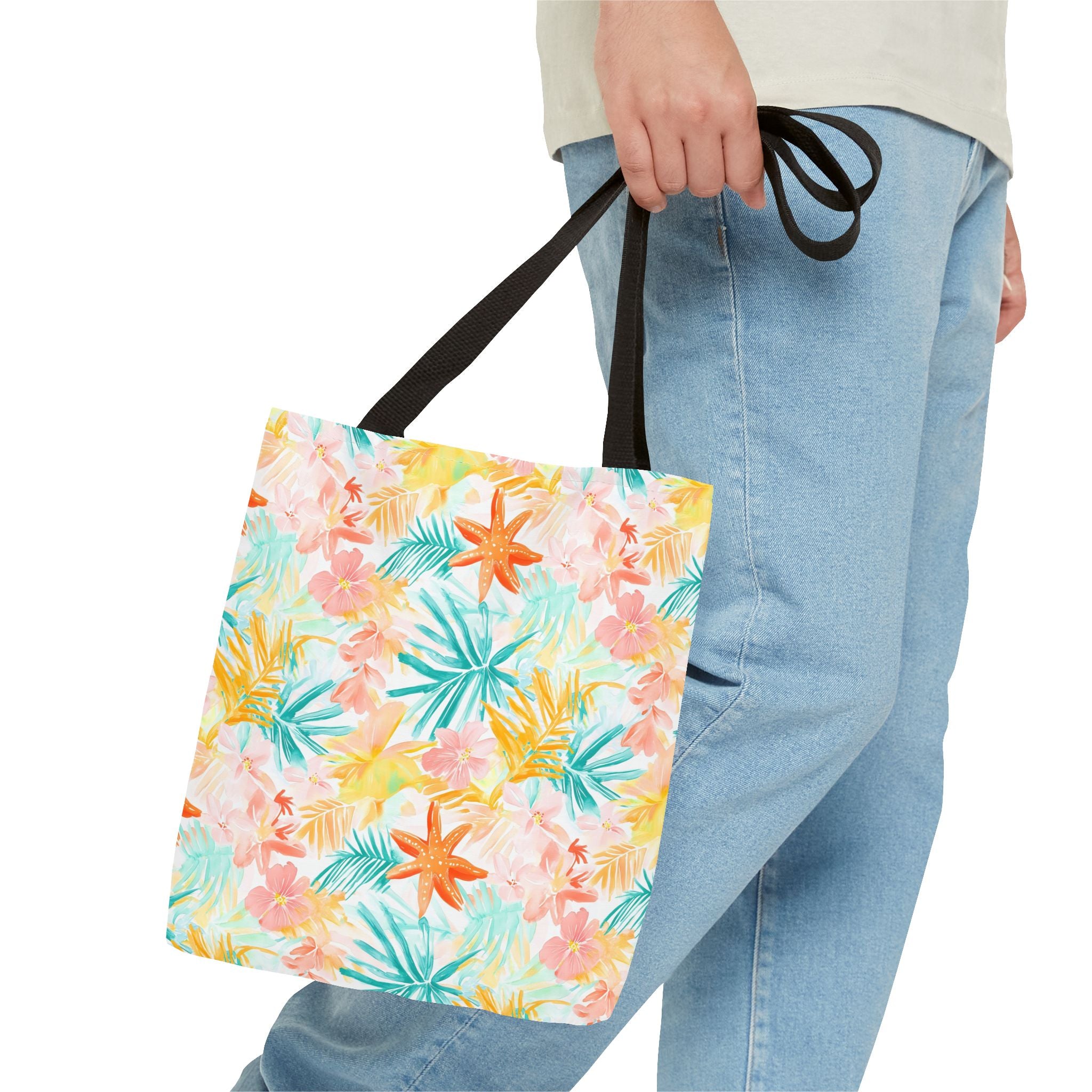 Tropical Starfish- Floral Tote Bag, Summer Beach Bag, Eco-Friendly Shopping Tote, Reusable Grocery Bag, Gift for Her