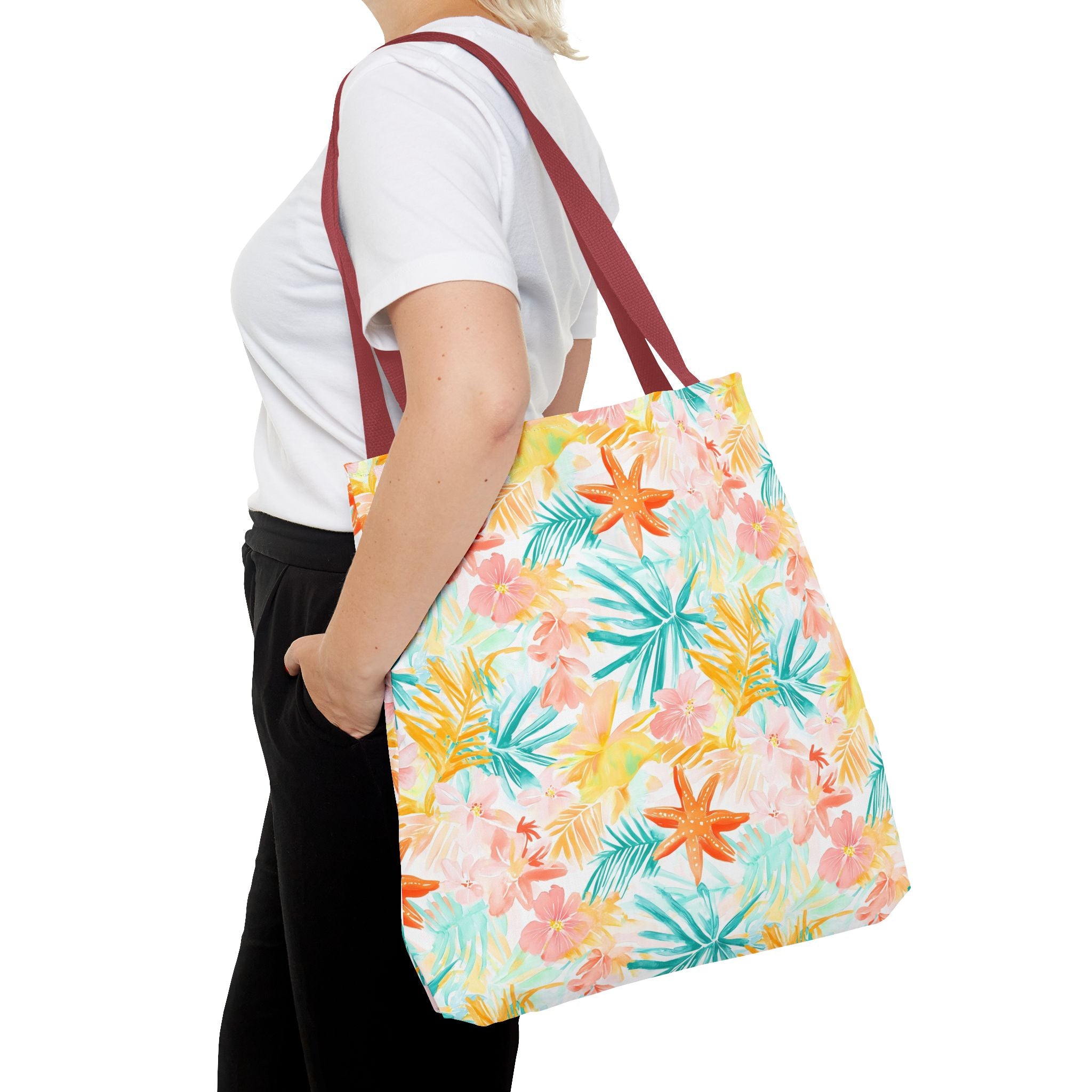 Tropical Starfish- Floral Tote Bag, Summer Beach Bag, Eco-Friendly Shopping Tote, Reusable Grocery Bag, Gift for Her