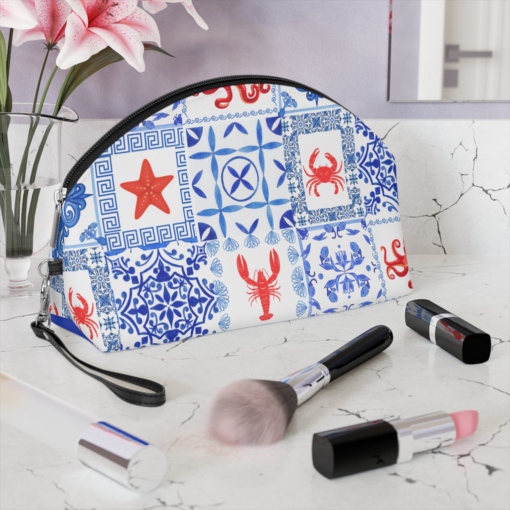 Greek Sea- Beachy Blue Makeup Bag - Coastal Style Cosmetic Pouch, Travel Toiletry Organizer, Gift for Her, Ocean-Inspired Makeup Case