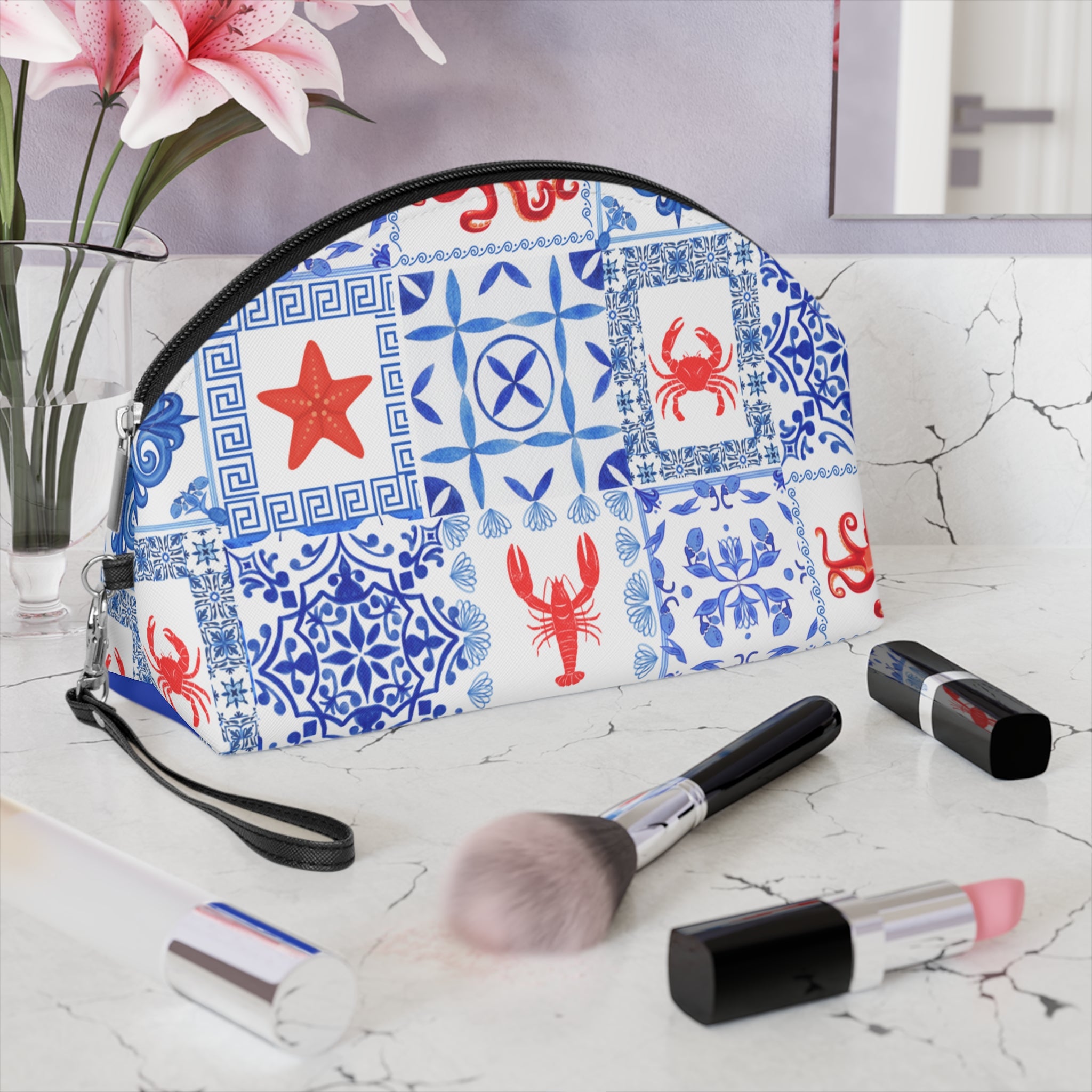Greek Sea- Beachy Blue Makeup Bag - Coastal Style Cosmetic Pouch, Travel Toiletry Organizer, Gift for Her, Ocean-Inspired Makeup Case