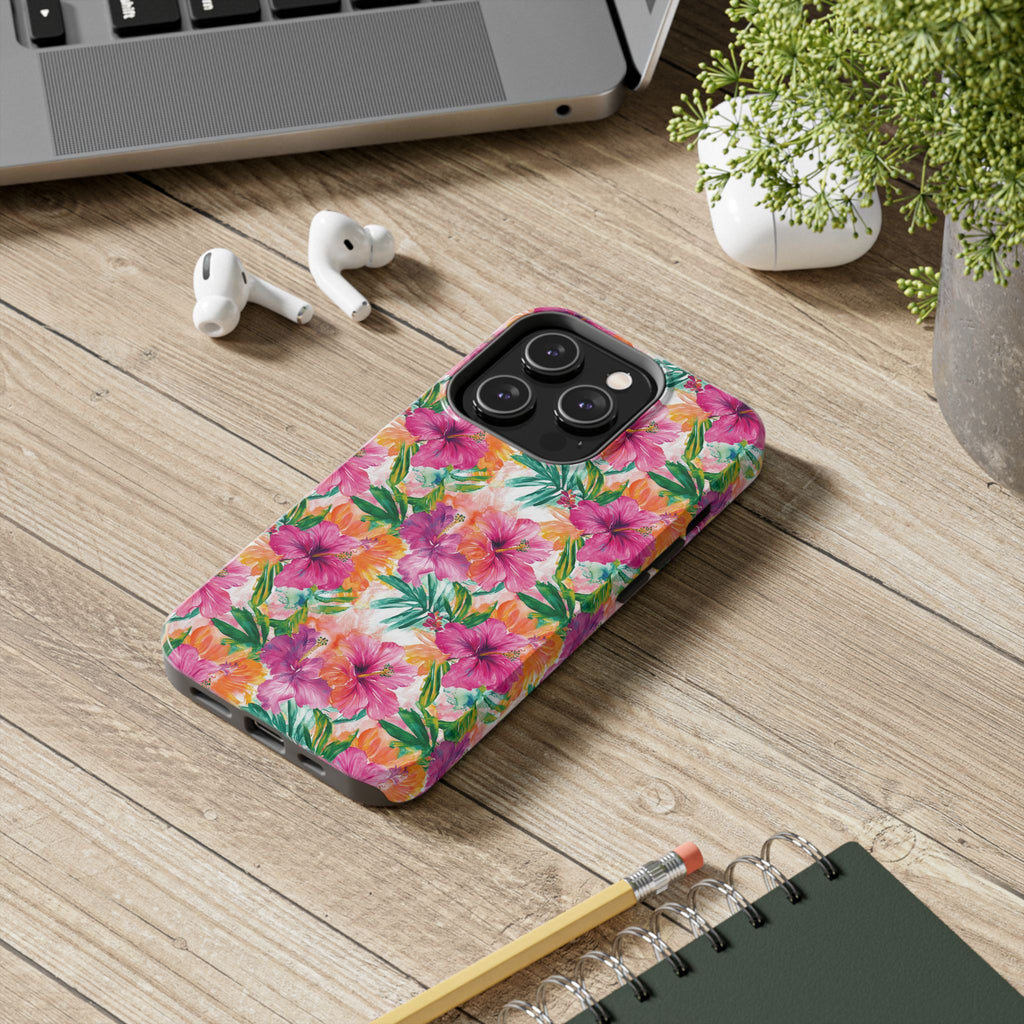 Pink Tropical Floral Phone Case, Tough Waterproof Cover, Summer Vibe Gift, Durable Tech Accessory, Floral Pattern for iPhone, Chic, Stylish