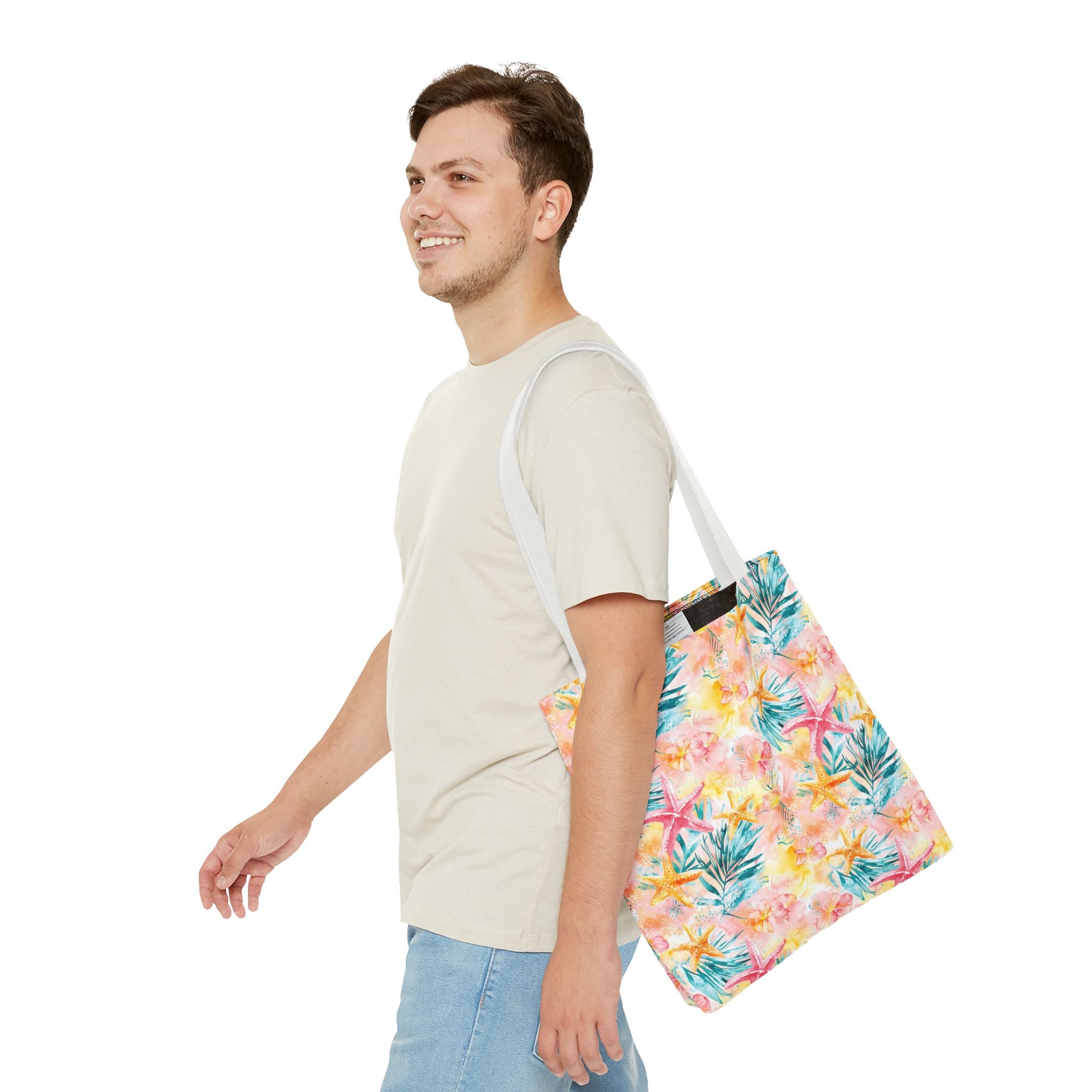 Pink tropical Starfish Tote Bag - Tropical Floral Print, Beach Essentials, Eco-Friendly, Gift for Her, Summer Vibes, Shopping Companion