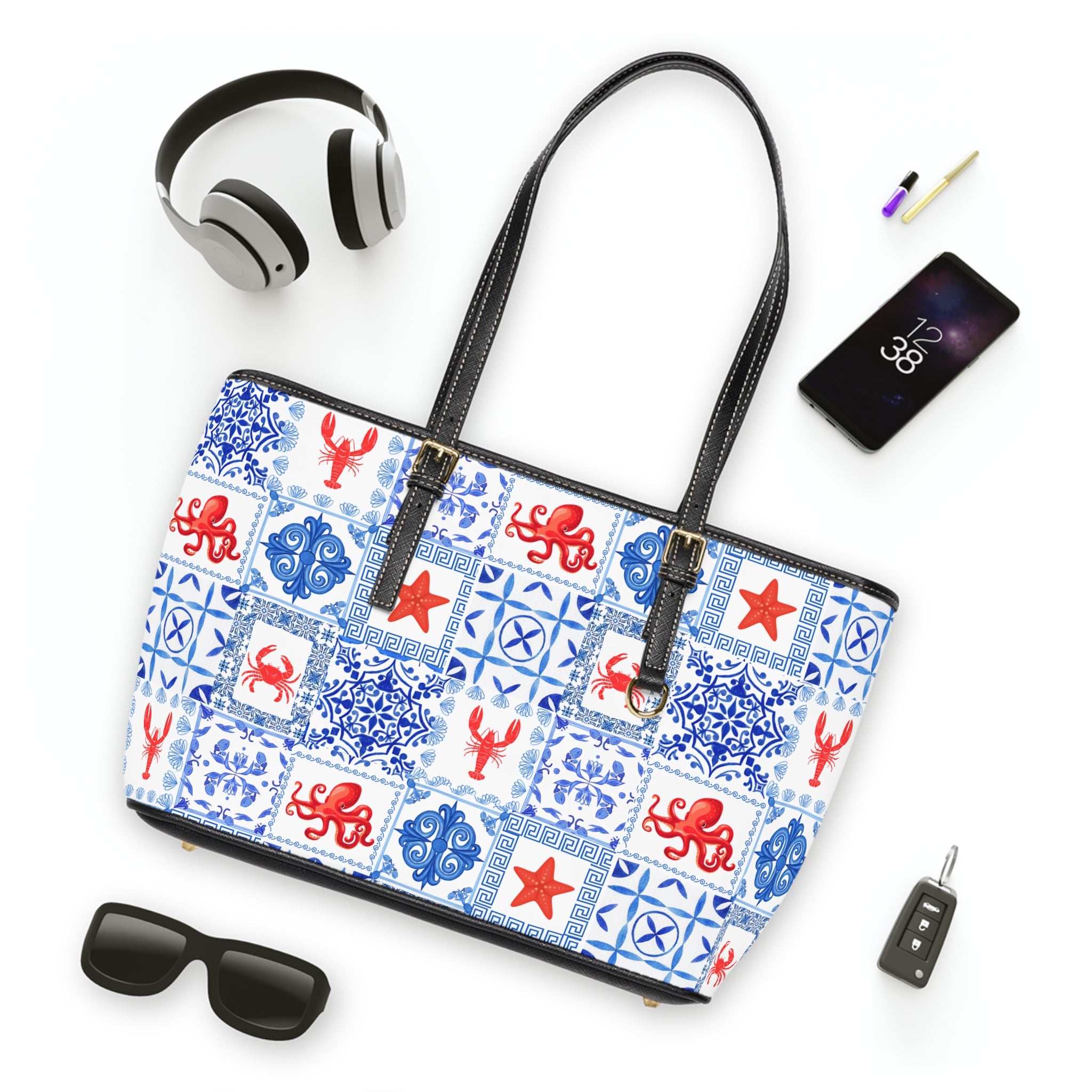 Greek Sea -Stylish PU Leather Shoulder Bag - Nautical Pattern Tote, Travel Handbag, Beach Day Essentials, Gift for Her, Summer Vibes