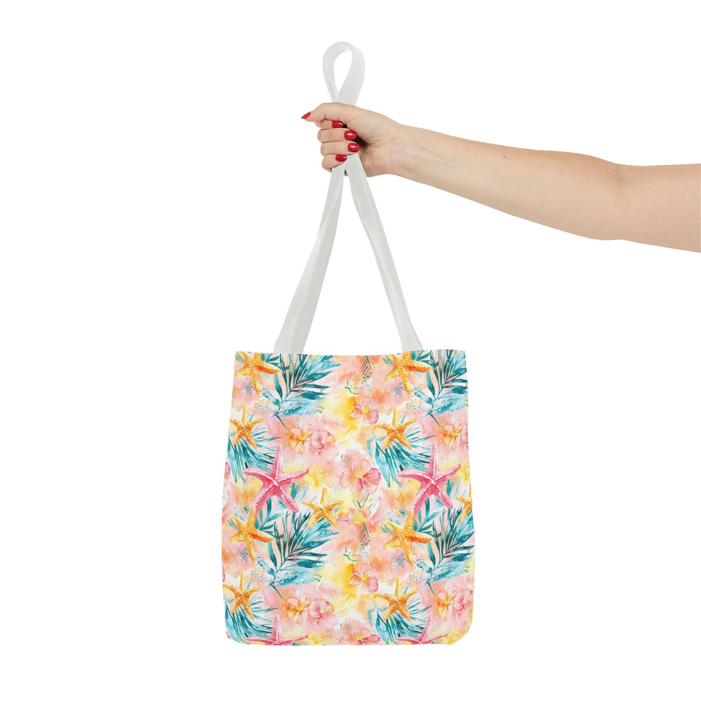 Pink tropical Starfish Tote Bag - Tropical Floral Print, Beach Essentials, Eco-Friendly, Gift for Her, Summer Vibes, Shopping Companion