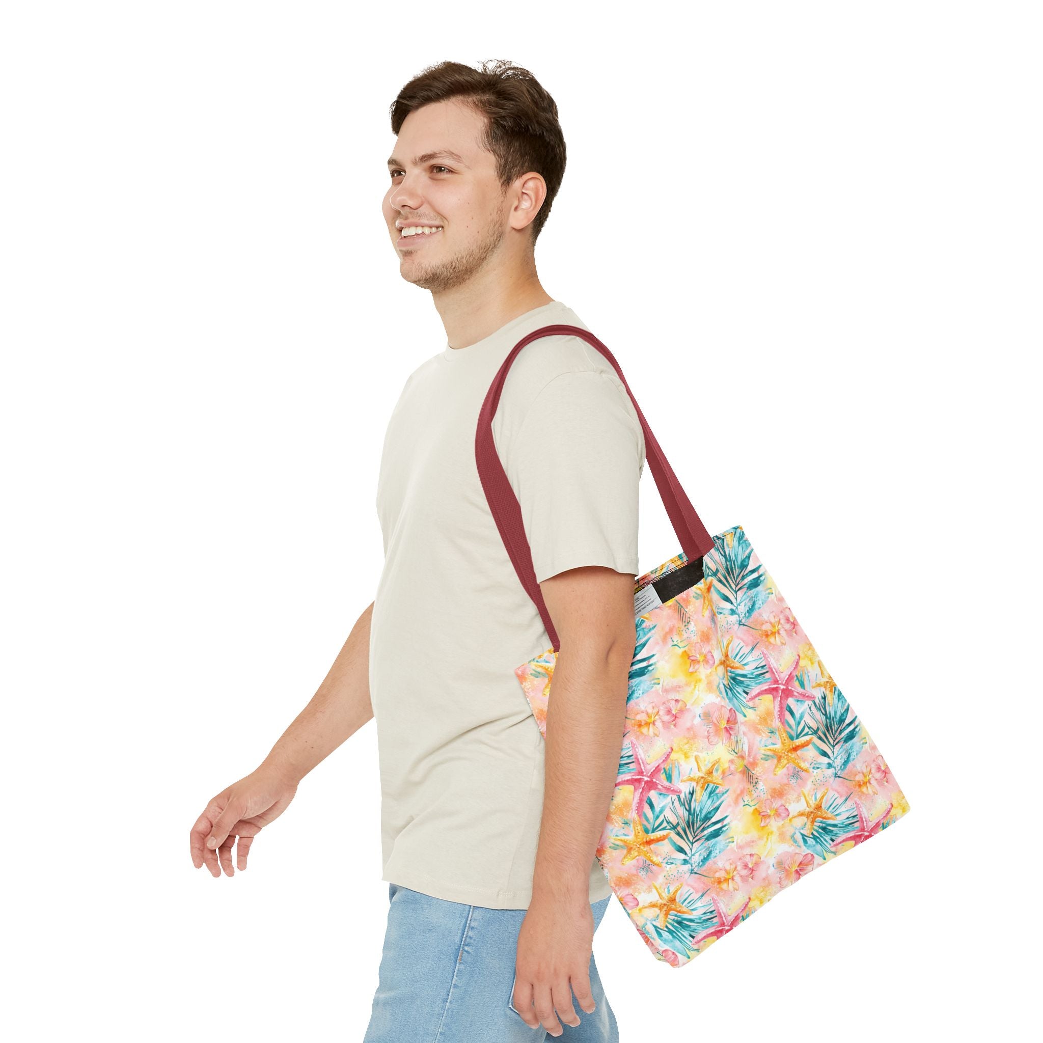 Pink tropical Starfish Tote Bag - Tropical Floral Print, Beach Essentials, Eco-Friendly, Gift for Her, Summer Vibes, Shopping Companion