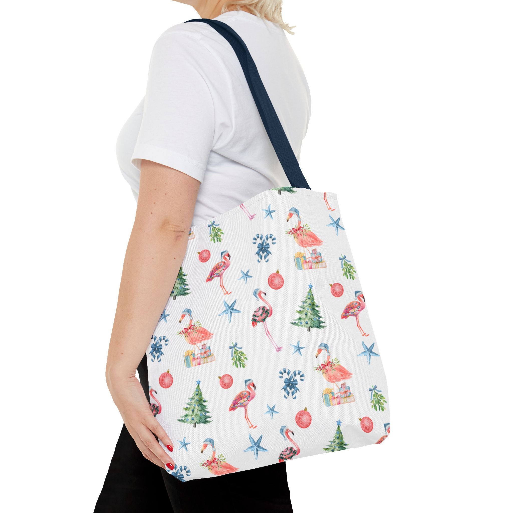 Christmas Flamingo Tote Bag, Holiday Gift, Summer Vibes, Beach Bag, Floral Shopper, Eco-Friendly，Gift Bag, Christmas Tote