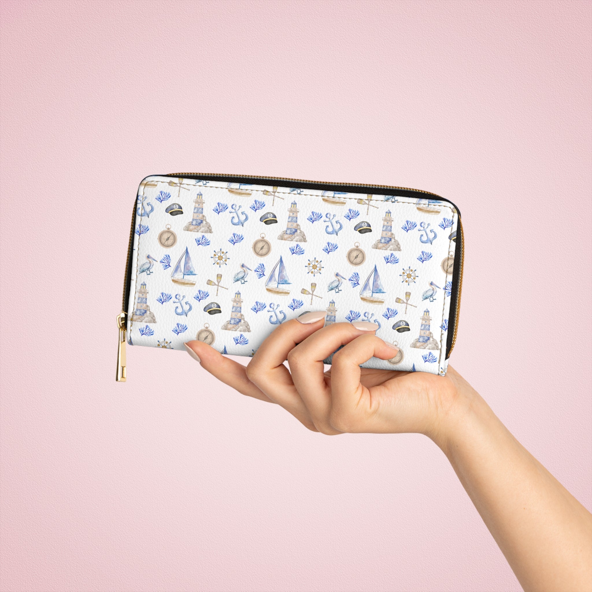 Sail Away Vegan Leather Wallet, Nautical Zipper Wallet, Sailboat Print Wallet, Ocean-themed Clutch, Gift for Sailors, Travel Accessories, Beach Lover Purse