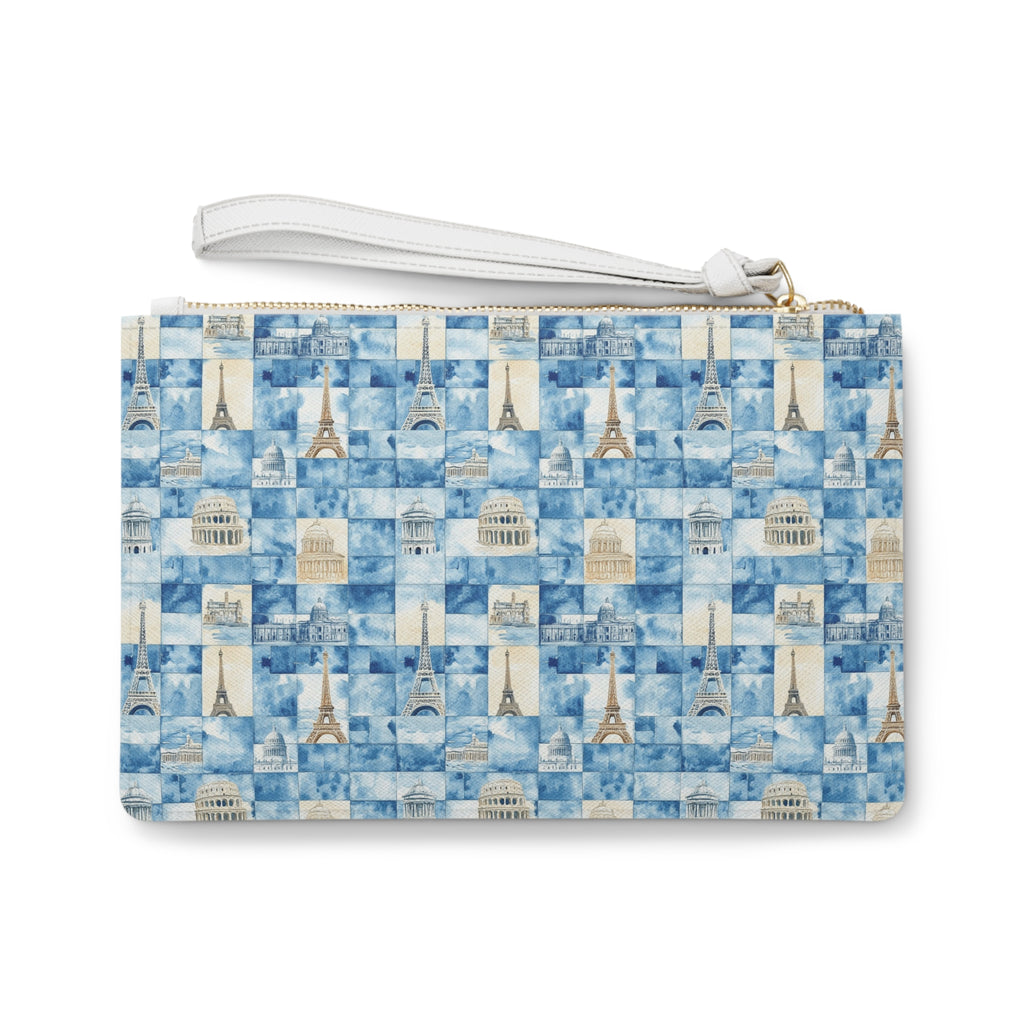 Europe Vegan Leather Clutch Bag- Fashion Lovers, Blue Paris Print, Perfect for Gifts, Accessories, Occasions, and More
