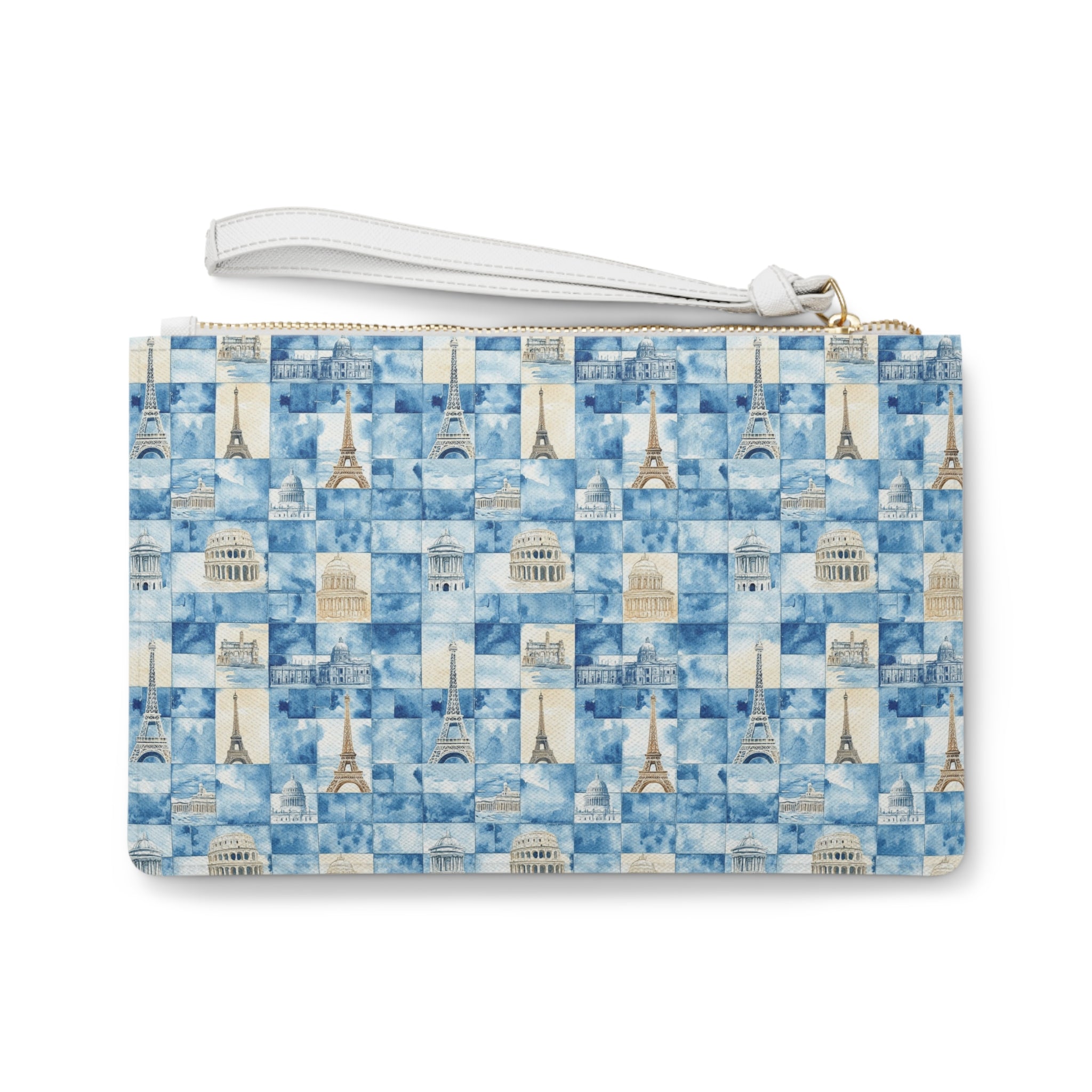 Europe Vegan Leather Clutch Bag- Fashion Lovers, Blue Paris Print, Perfect for Gifts, Accessories, Occasions, and More