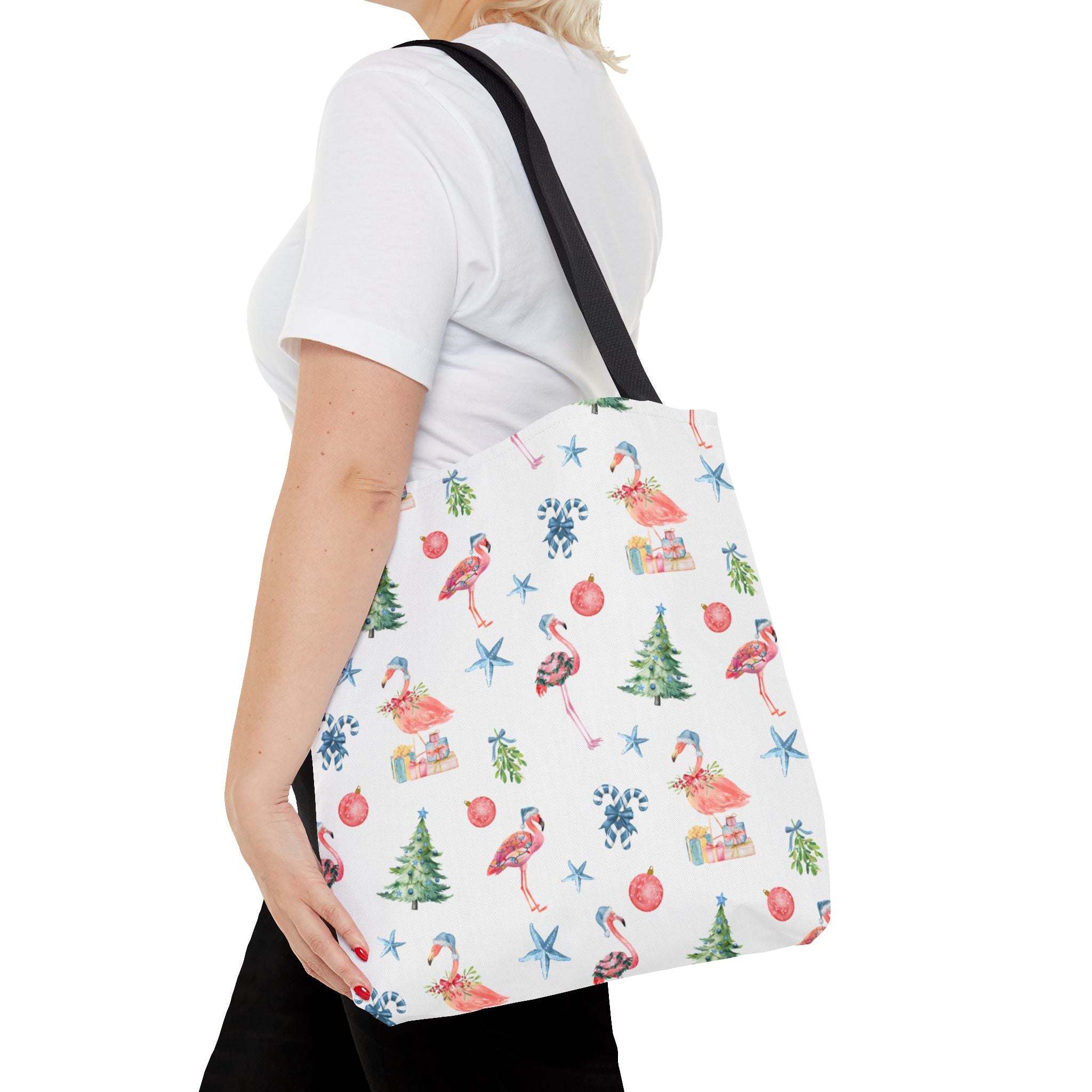 Christmas Flamingo Tote Bag, Holiday Gift, Summer Vibes, Beach Bag, Floral Shopper, Eco-Friendly，Gift Bag, Christmas Tote