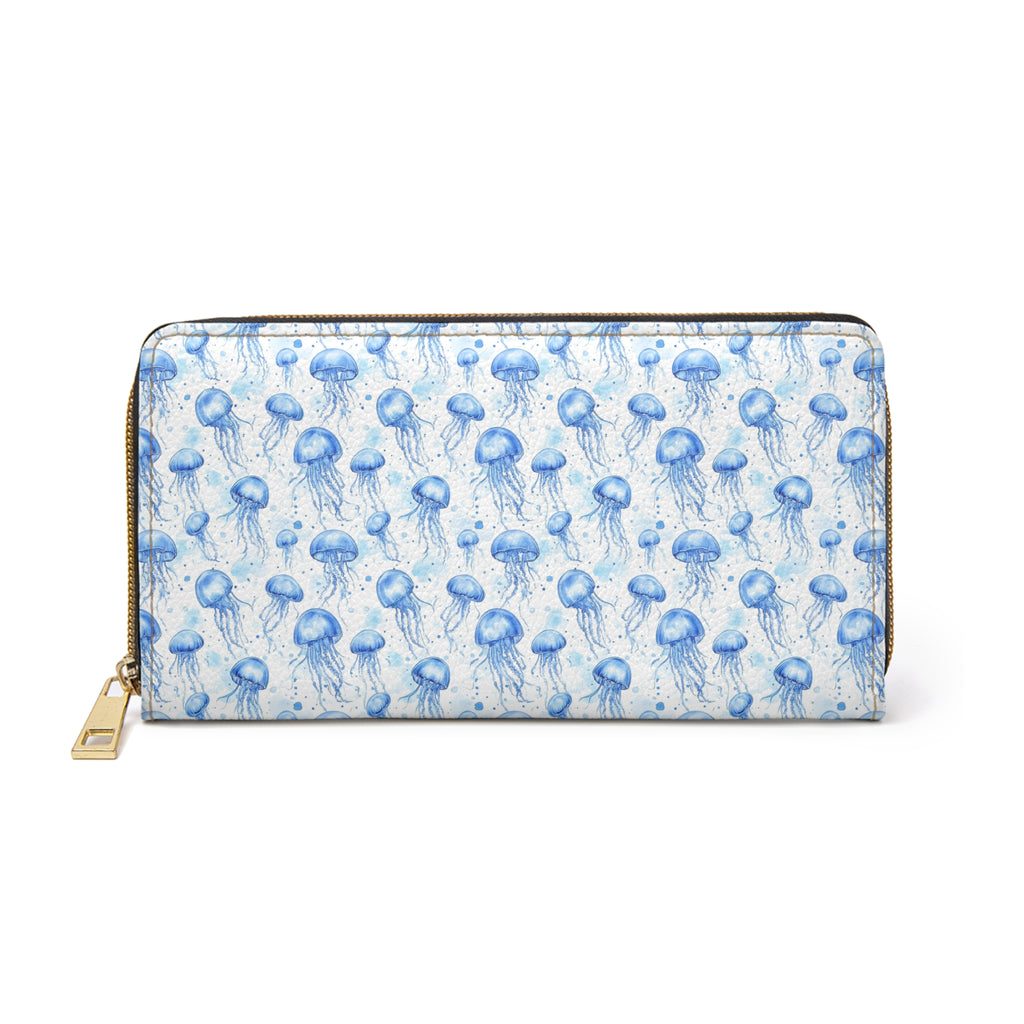 Blue Jellyfish Vegan Leather Wallet, Ocean-Inspired Zipper Wallet, Jellyfish Print Wallet, Blue Wallet, Travel Wallet, Trendy Purse, Beach Accessory, Gift Idea