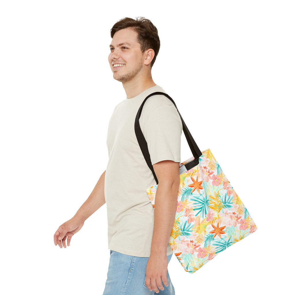 Tropical Starfish- Floral Tote Bag, Summer Beach Bag, Eco-Friendly Shopping Tote, Reusable Grocery Bag, Gift for Her