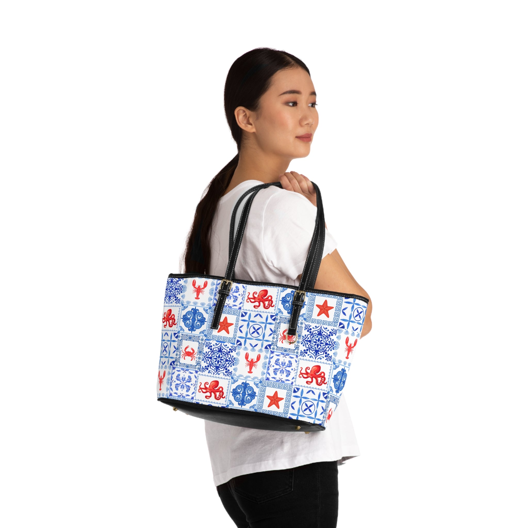 Greek Sea -Stylish PU Leather Shoulder Bag - Nautical Pattern Tote, Travel Handbag, Beach Day Essentials, Gift for Her, Summer Vibes