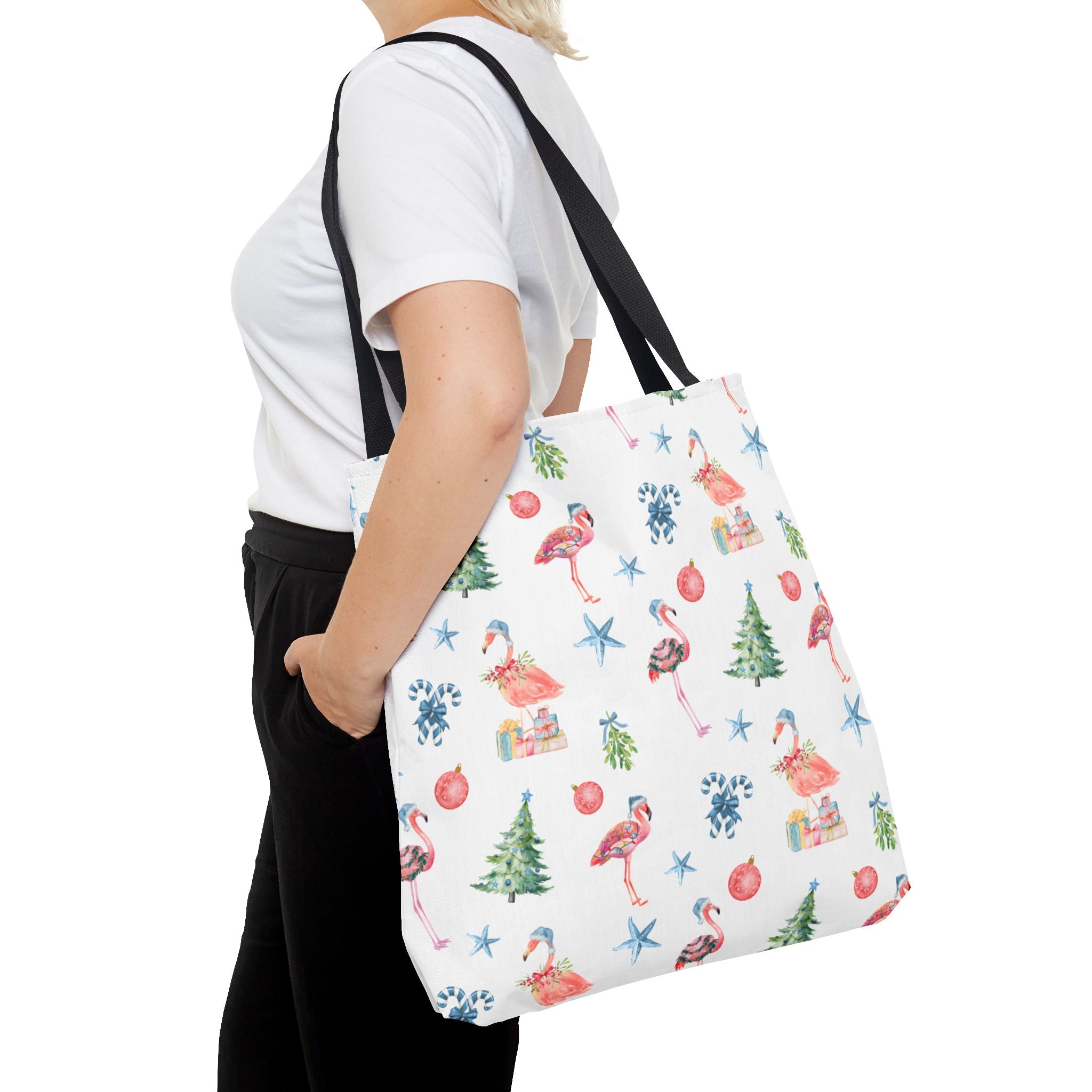 Christmas Flamingo Tote Bag, Holiday Gift, Summer Vibes, Beach Bag, Floral Shopper, Eco-Friendly，Gift Bag, Christmas Tote