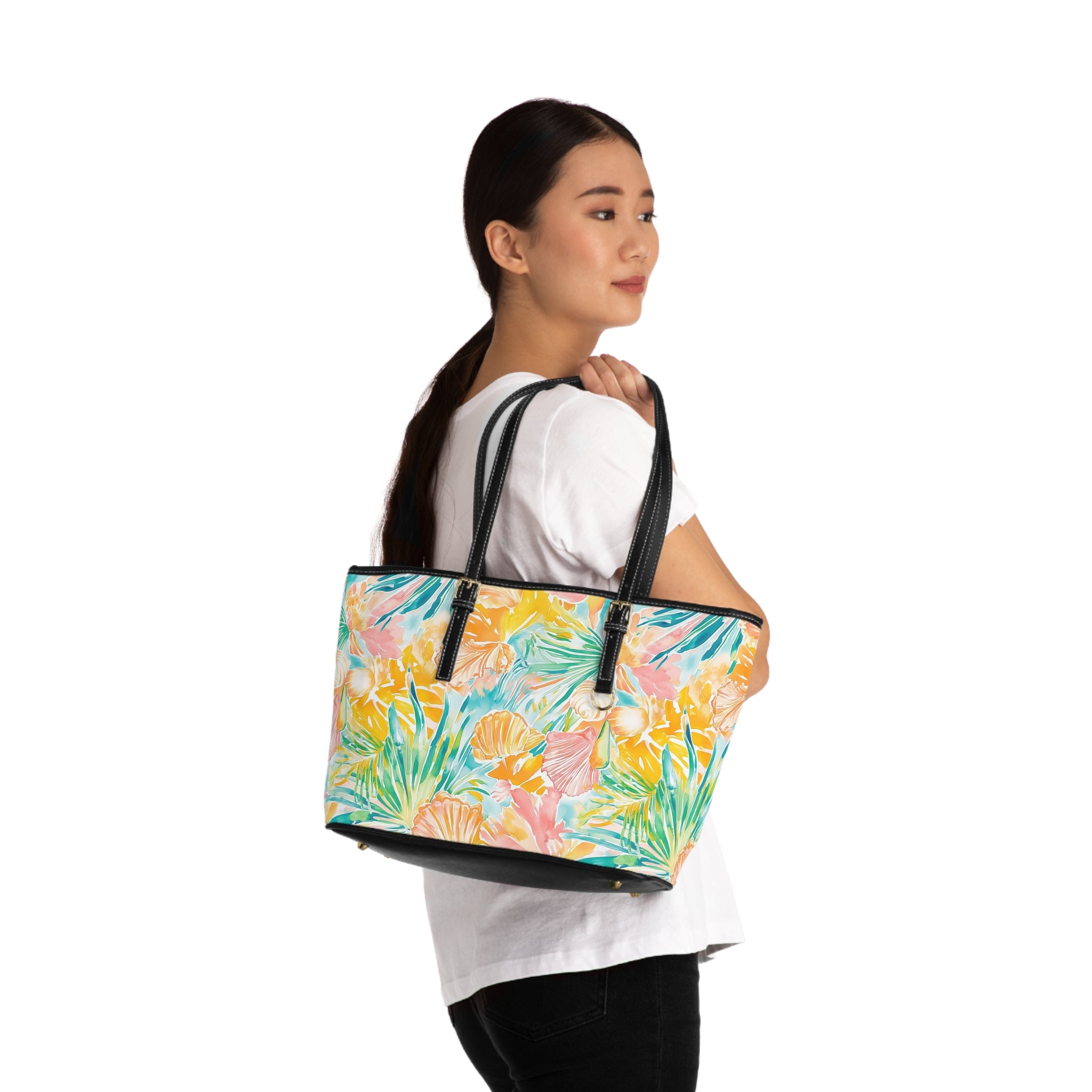 Neon Tropics- PU Leather Shoulder Bag, Summer Tote, Floral Handbag, Vacation Purse, Trendy Everyday Bag
