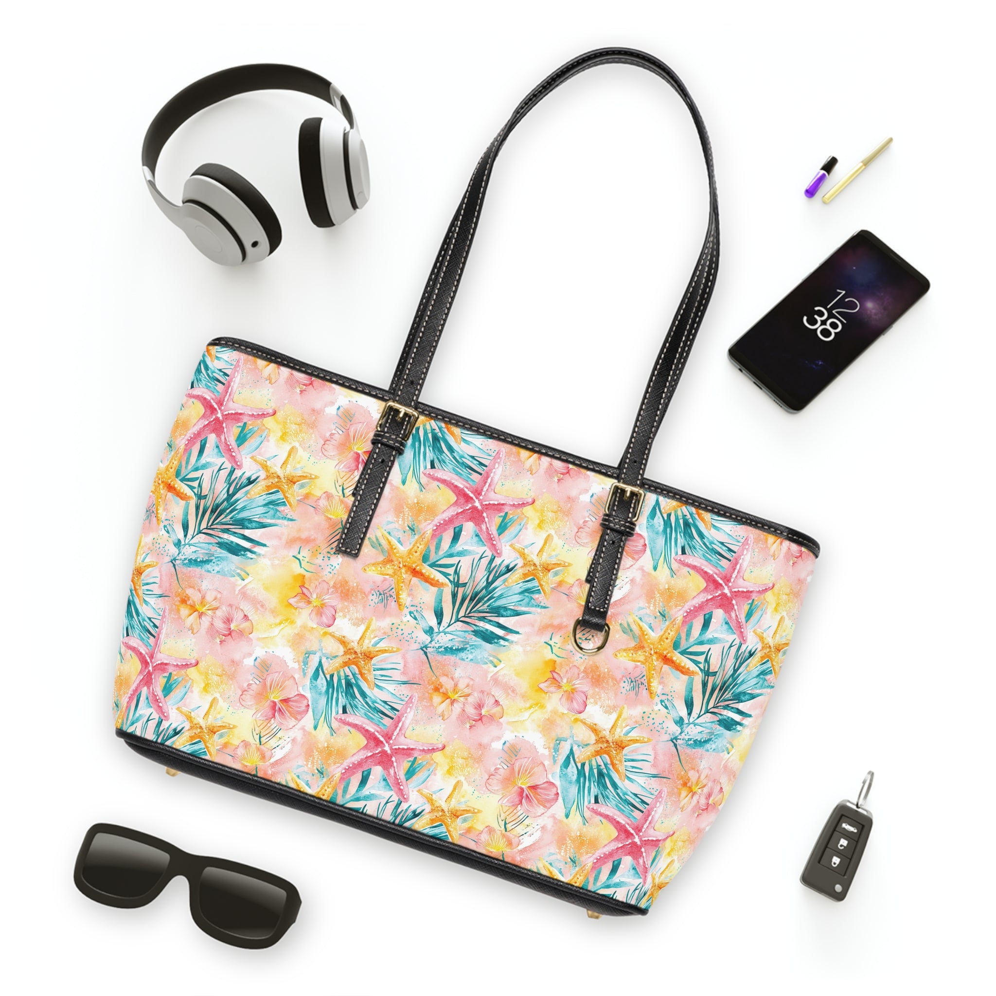 Pink Tropical Starfish- PU Leather Shoulder Bag, Stylish Handbag for Beach, Vacation Tote, Floral Print Purse, Perfect Gift for Summer
