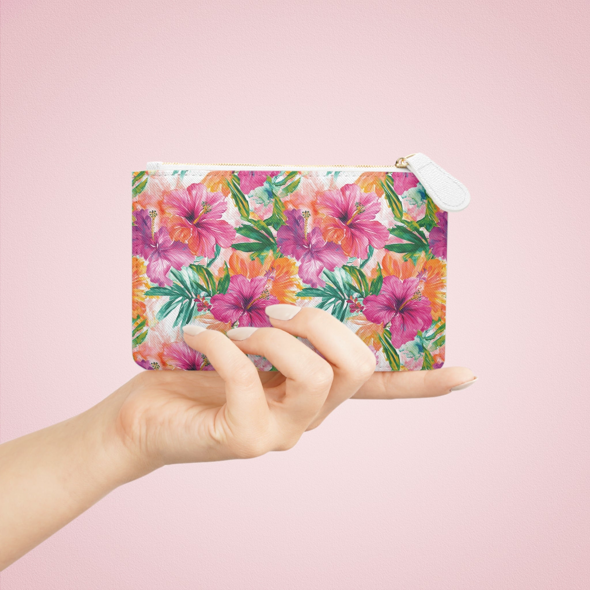 Pink Tropical floral Mini Vegan Leather Clutch Bag, Tropical Floral bag, Hawaiian Theme Bag, Gift for her
