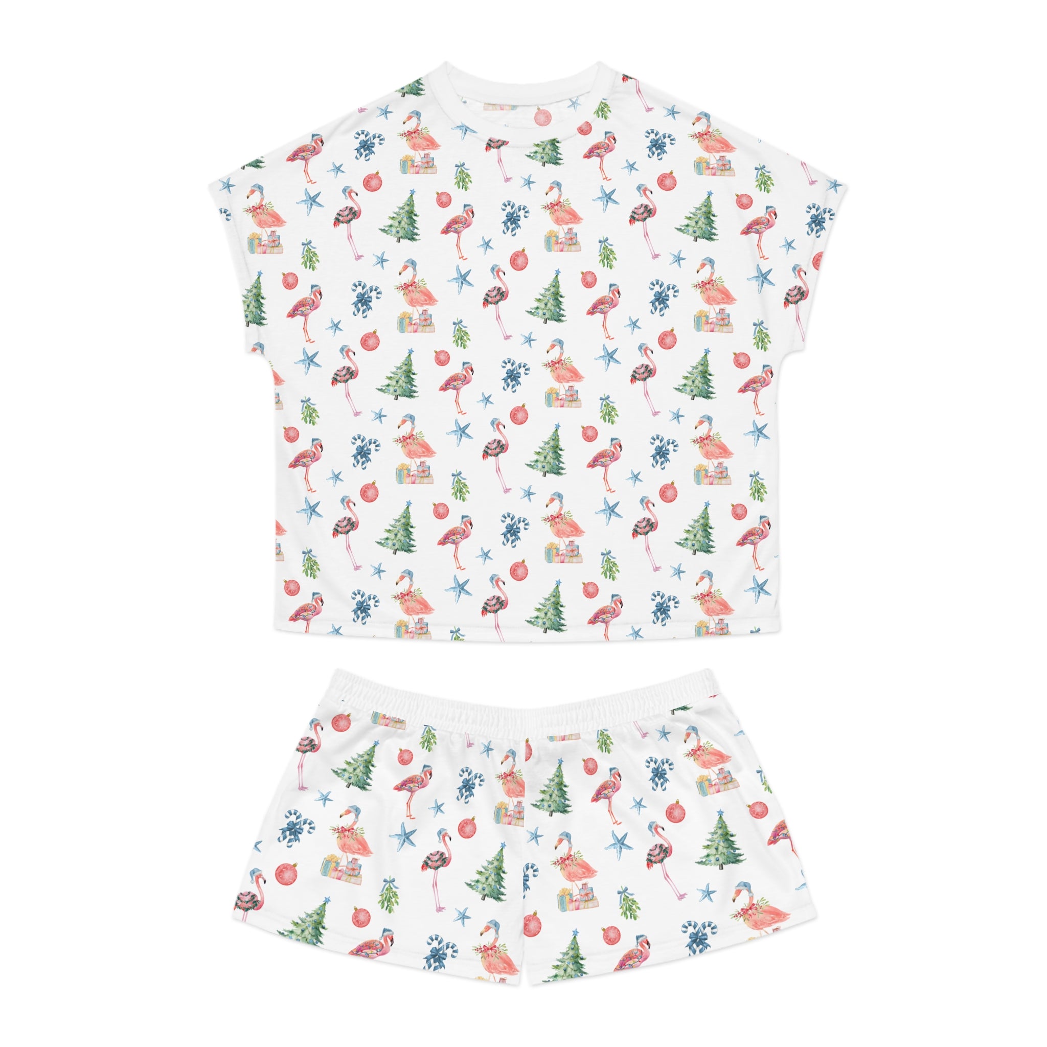 Christmas Flamingo Print Pajama Set, Relaxed Women's Sleepwear, Summer Nights, Gift for Her, Flamingo Pattern, Cozy Loungewear