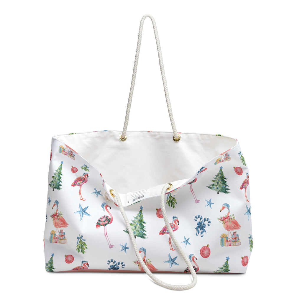 Christmas Flamingo Weekender Bag, Travel Tote, Beach Bag, Holiday Gift, Weekend Getaway