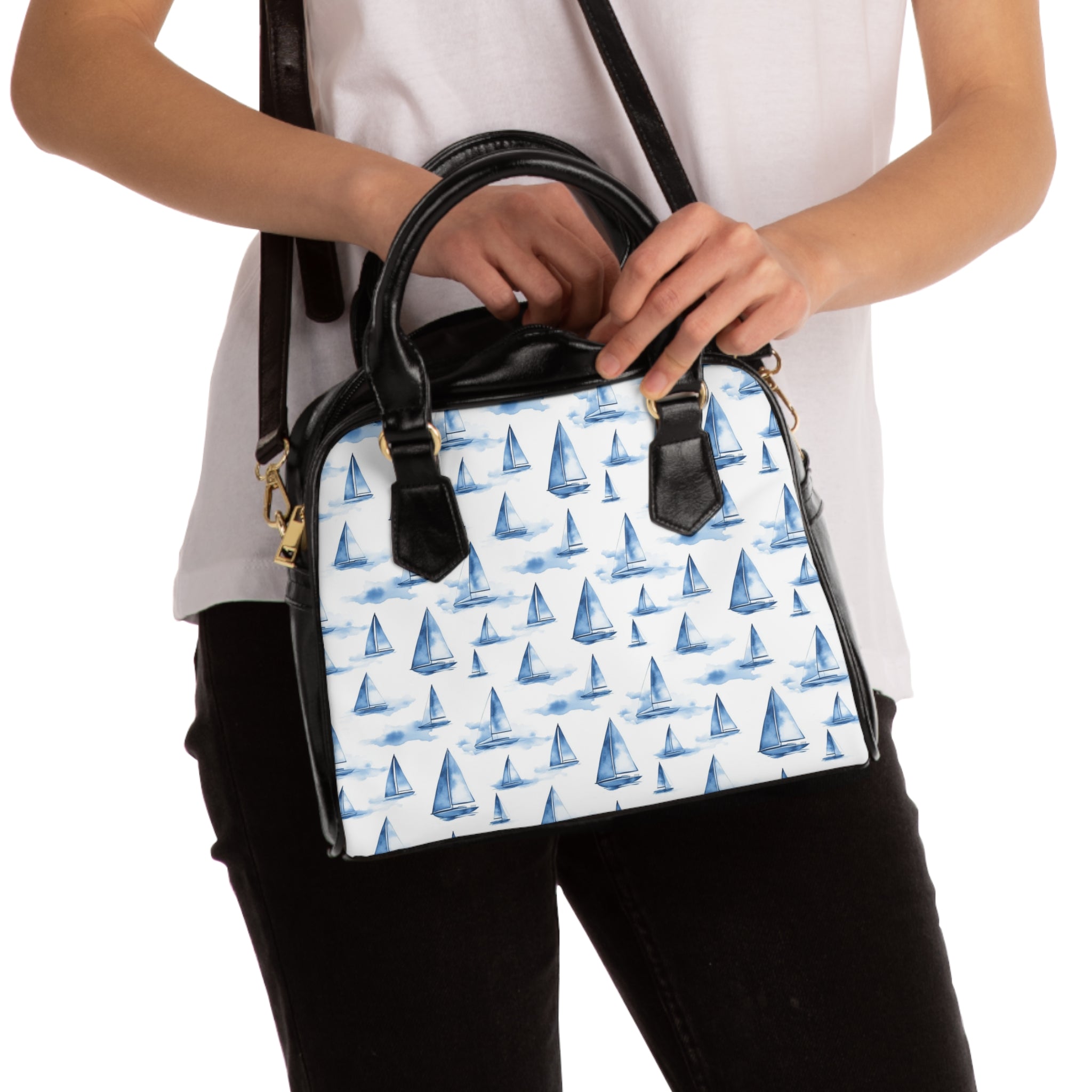 Blue Sailboat - Print Shoulder Handbag - Stylish Tote for Beach Days, Travel, Everyday Use, Gift for Sailors, Ocean Lovers
