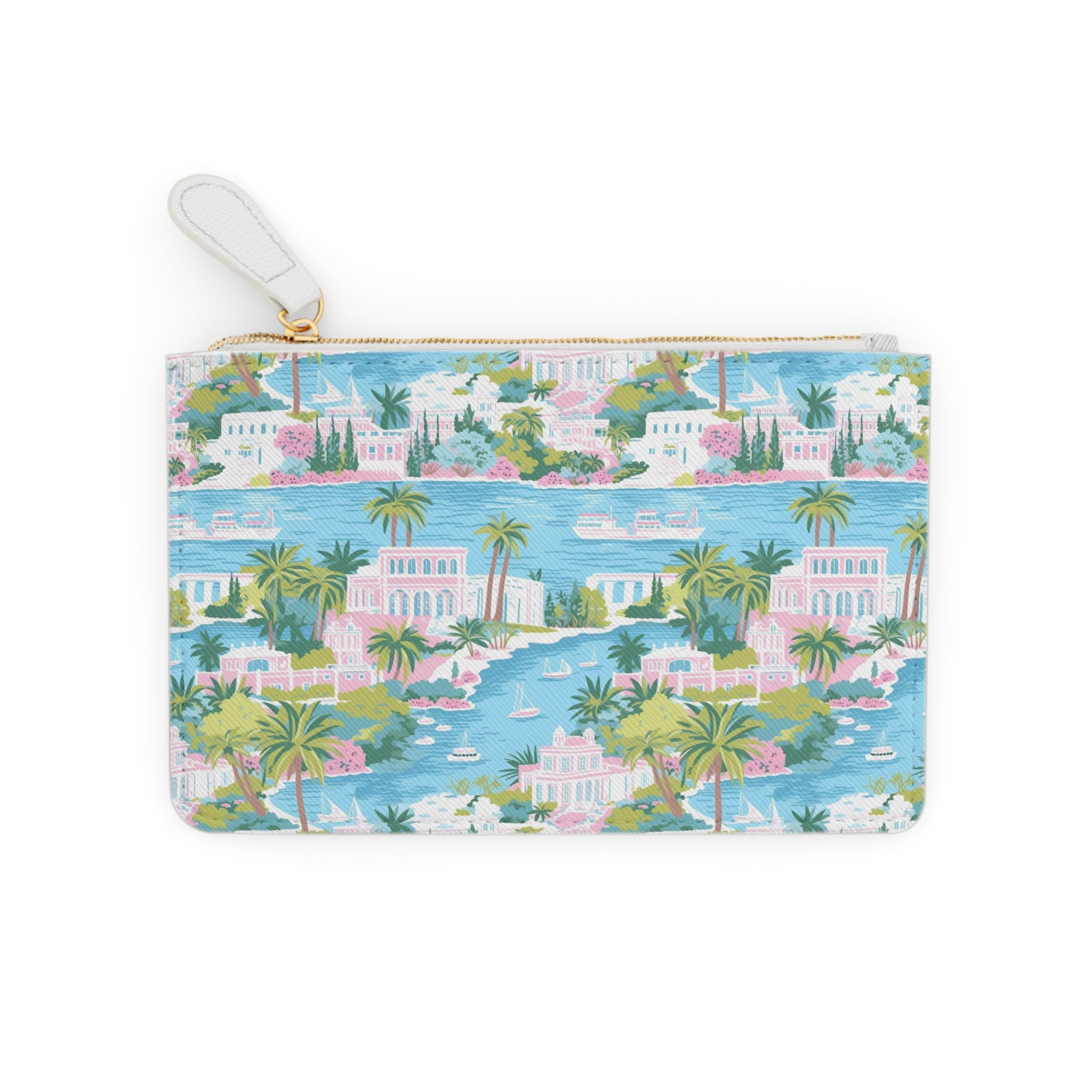 Greek Island Mini Vegan Leather Clutch Bag, Stylish Travel Pouch, Summer Accessory, Essential for Parties, Unique Gift for Her