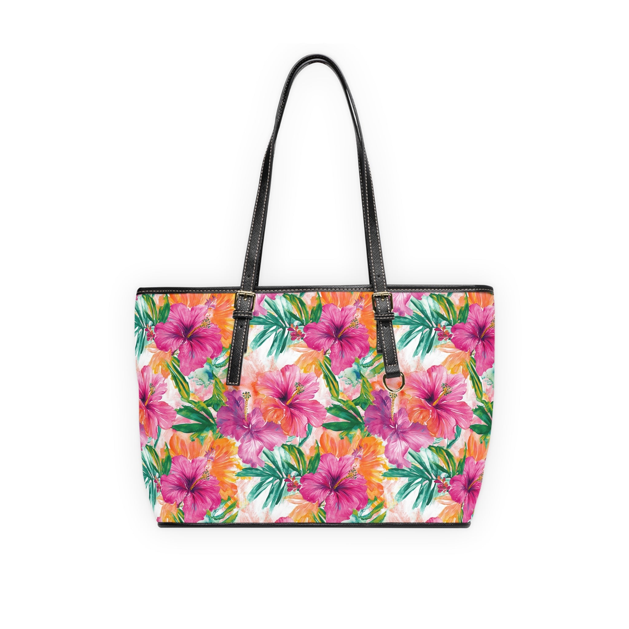 Pink Tropical Floral-  PU Leather Tote Bag, Vibrant Handbag for Summer, Beach, Vacation, Gifts for Her, Fashion Accessory