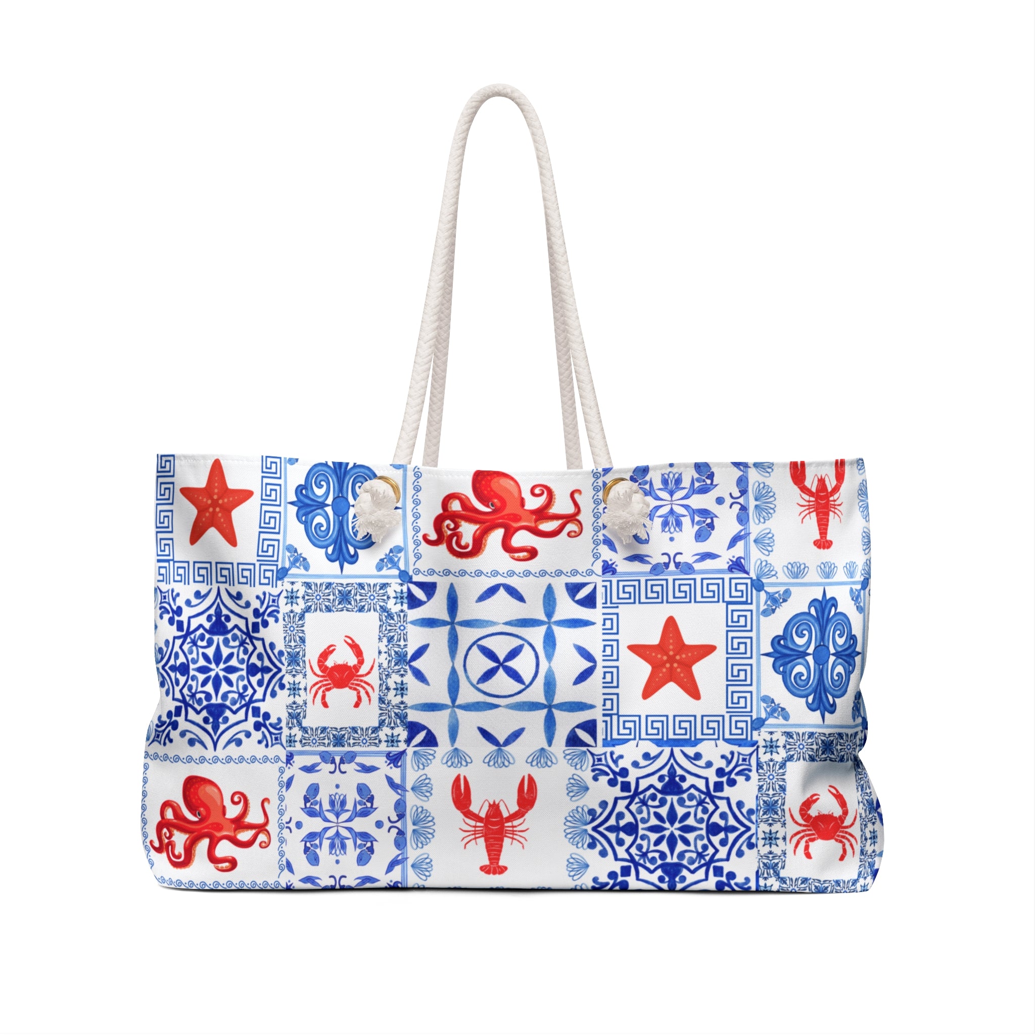 Greek Sea- Blue and Red Nautical Weekender Bag - Perfect for Beach Trips, Travel, Gym, Weekend Getaways, Tote Bag