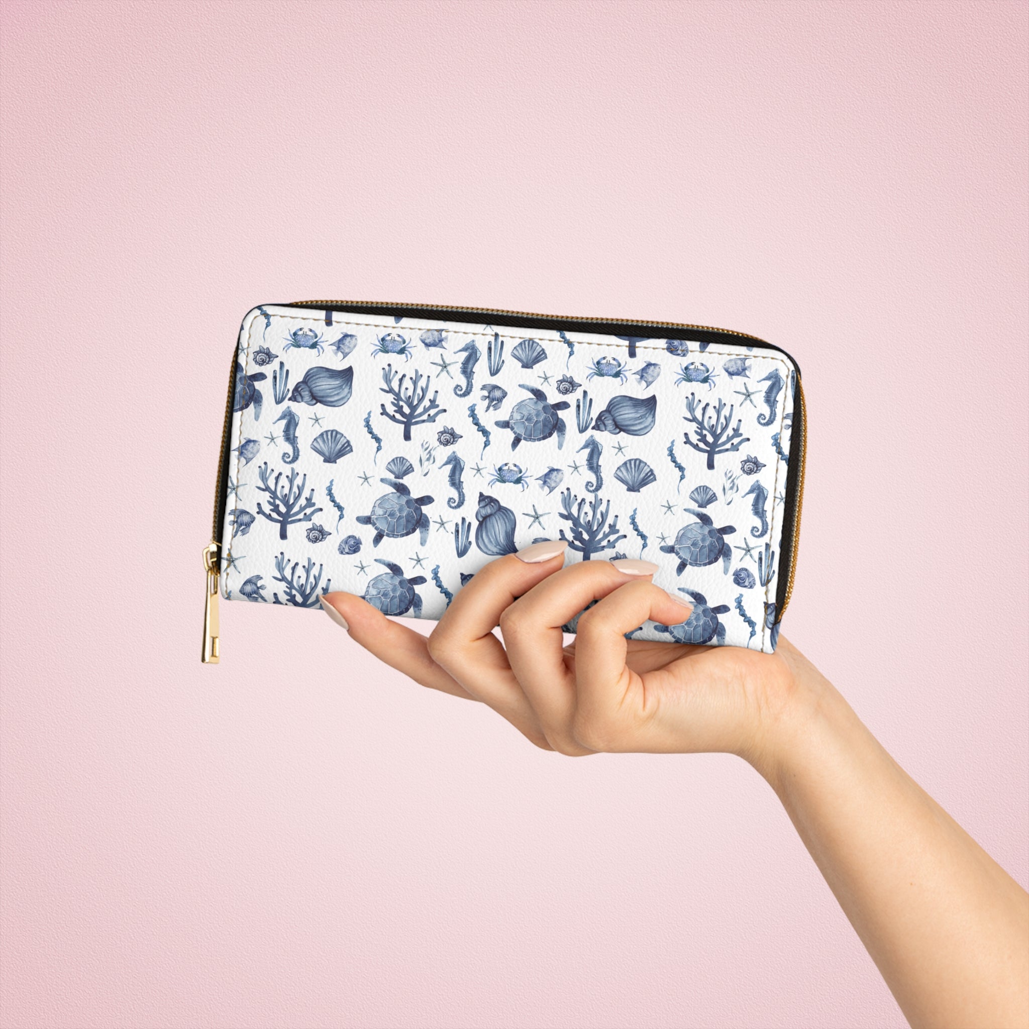 Deep Blue Sea Vegan Leather Wallet- Ocean-Inspired Zipper Wallet, Nautical Clutch, Beach-Themed Purse, Sea Life Wallet, Coastal Accessory, Travel Organizer
