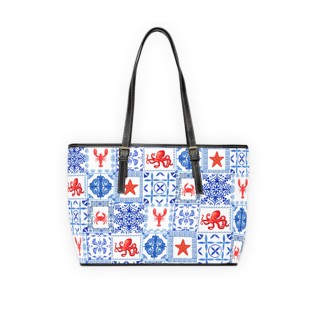 Greek Sea -Stylish PU Leather Shoulder Bag - Nautical Pattern Tote, Travel Handbag, Beach Day Essentials, Gift for Her, Summer Vibes