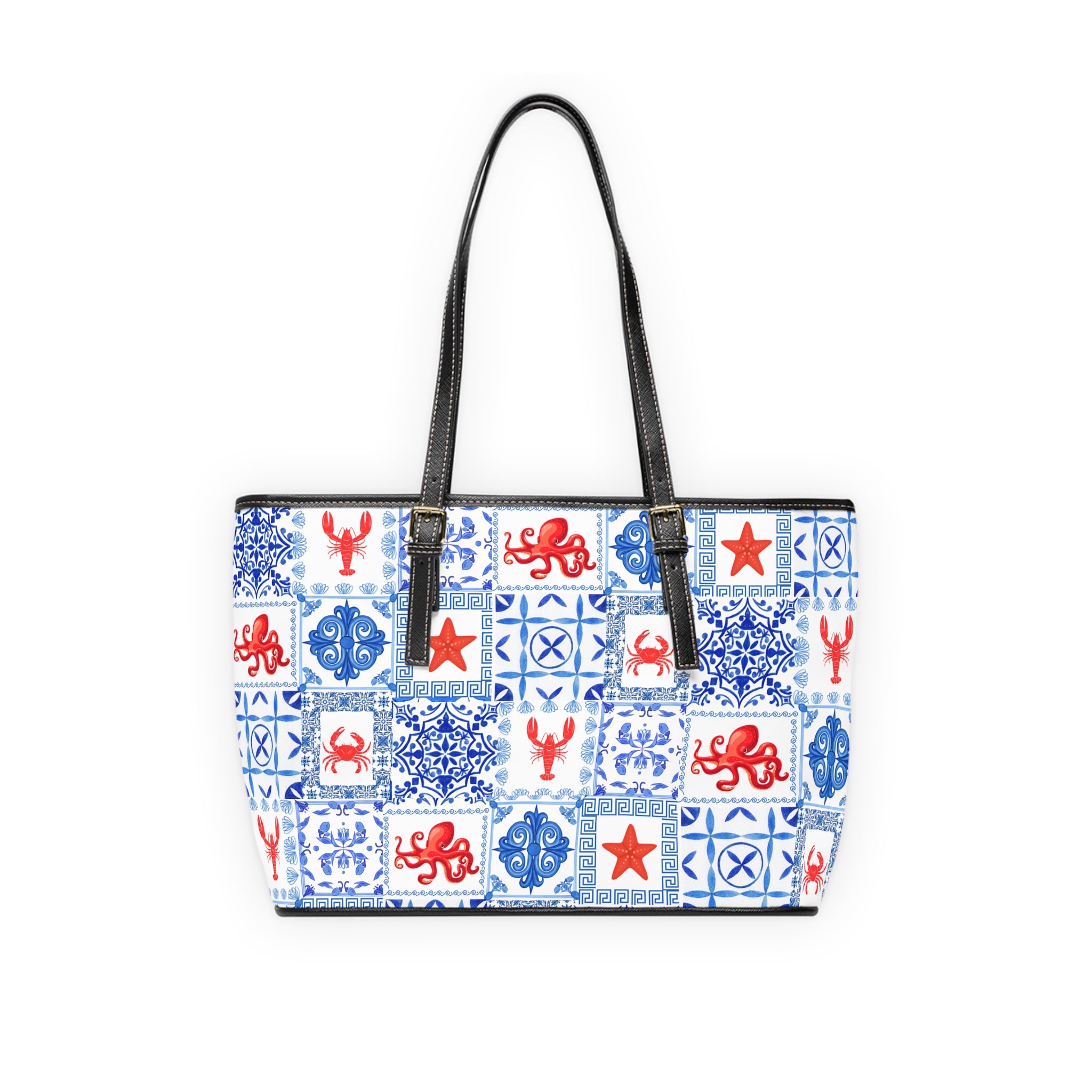 Greek Sea -Stylish PU Leather Shoulder Bag - Nautical Pattern Tote, Travel Handbag, Beach Day Essentials, Gift for Her, Summer Vibes