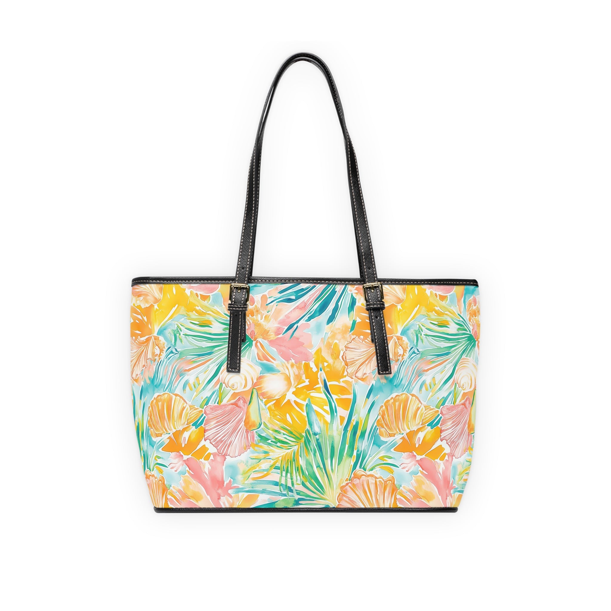 Neon Tropics- PU Leather Shoulder Bag, Summer Tote, Floral Handbag, Vacation Purse, Trendy Everyday Bag