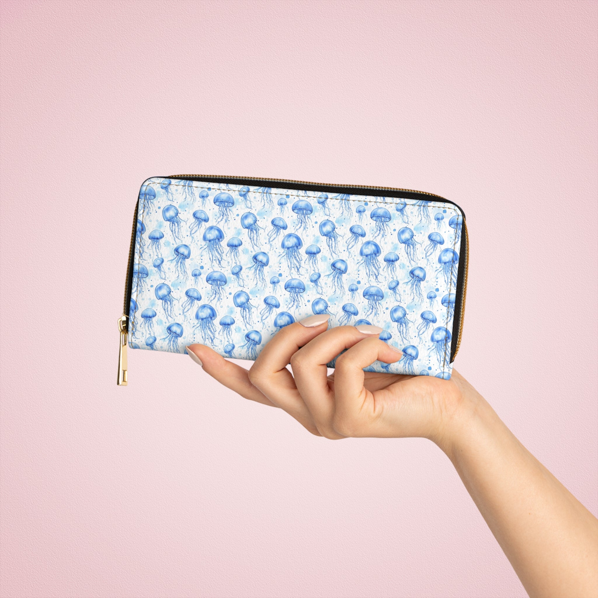 Blue Jellyfish Vegan Leather Wallet, Ocean-Inspired Zipper Wallet, Jellyfish Print Wallet, Blue Wallet, Travel Wallet, Trendy Purse, Beach Accessory, Gift Idea