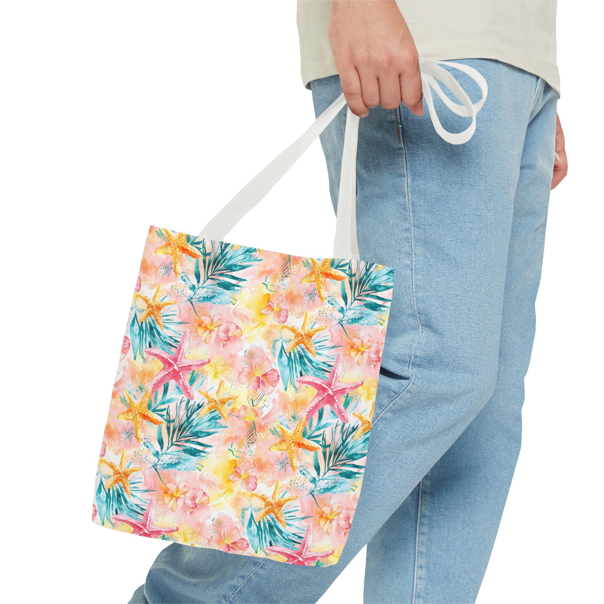 Pink tropical Starfish Tote Bag - Tropical Floral Print, Beach Essentials, Eco-Friendly, Gift for Her, Summer Vibes, Shopping Companion
