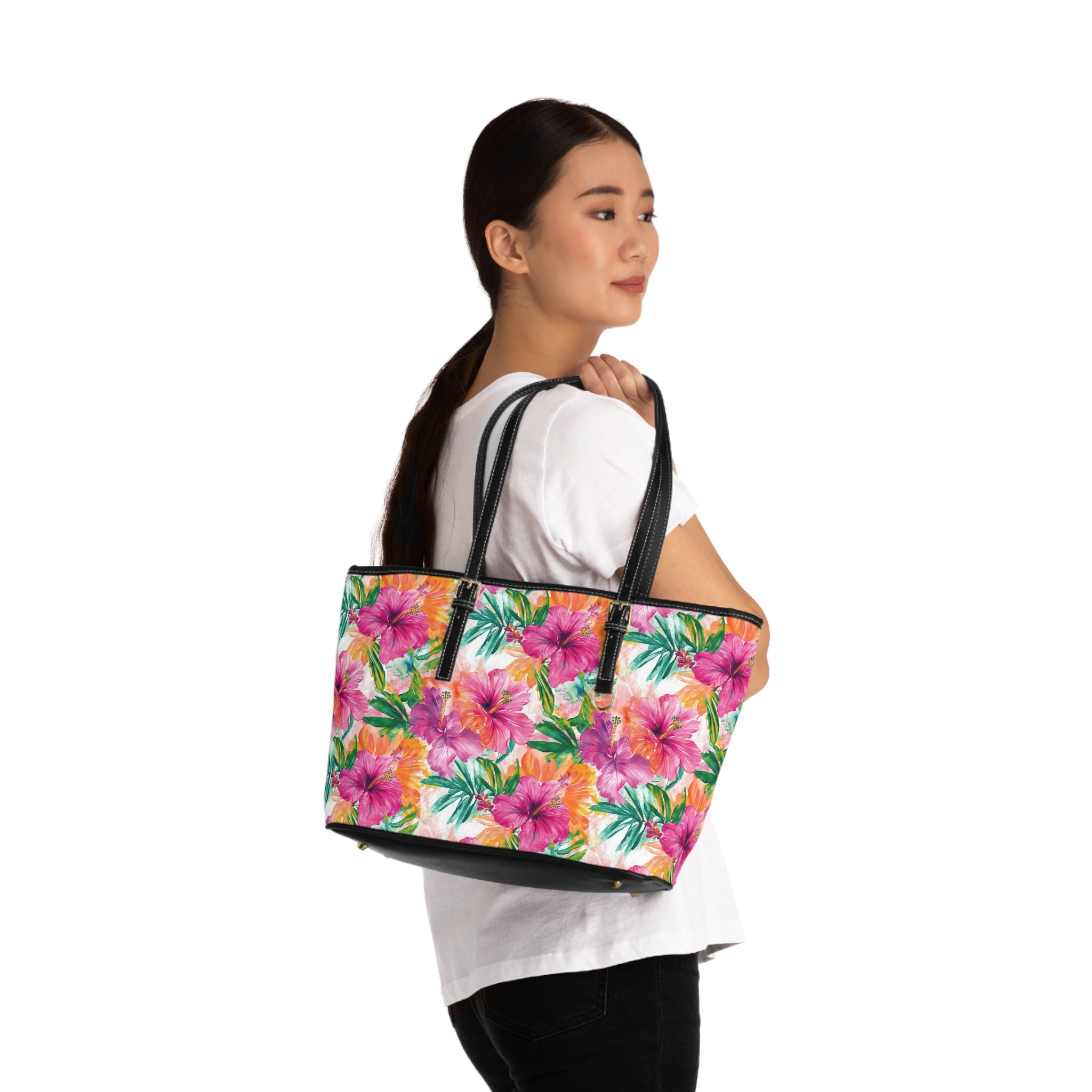 Pink Tropical Floral-  PU Leather Tote Bag, Vibrant Handbag for Summer, Beach, Vacation, Gifts for Her, Fashion Accessory