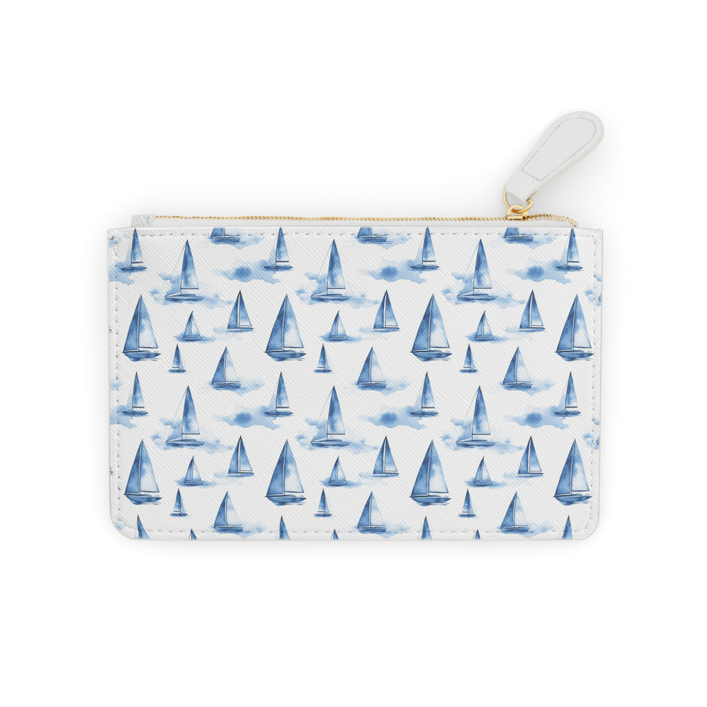 Blue Sailboat  Mini Vegan Leather Clutch Bag, Beach Accessory, Travel Cosmetic Pouch, Gift for Sailors, Marine Themed Handbag