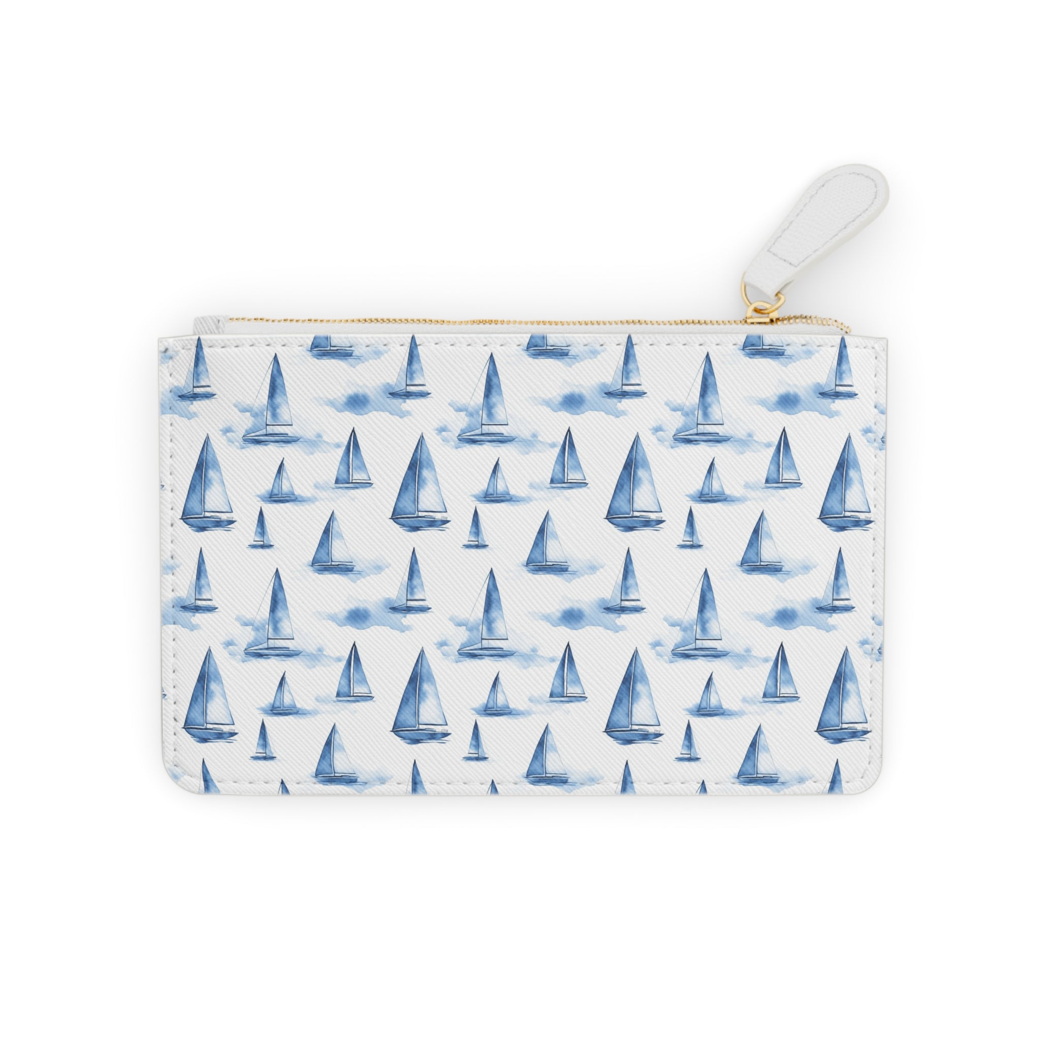 Blue Sailboat  Mini Vegan Leather Clutch Bag, Beach Accessory, Travel Cosmetic Pouch, Gift for Sailors, Marine Themed Handbag