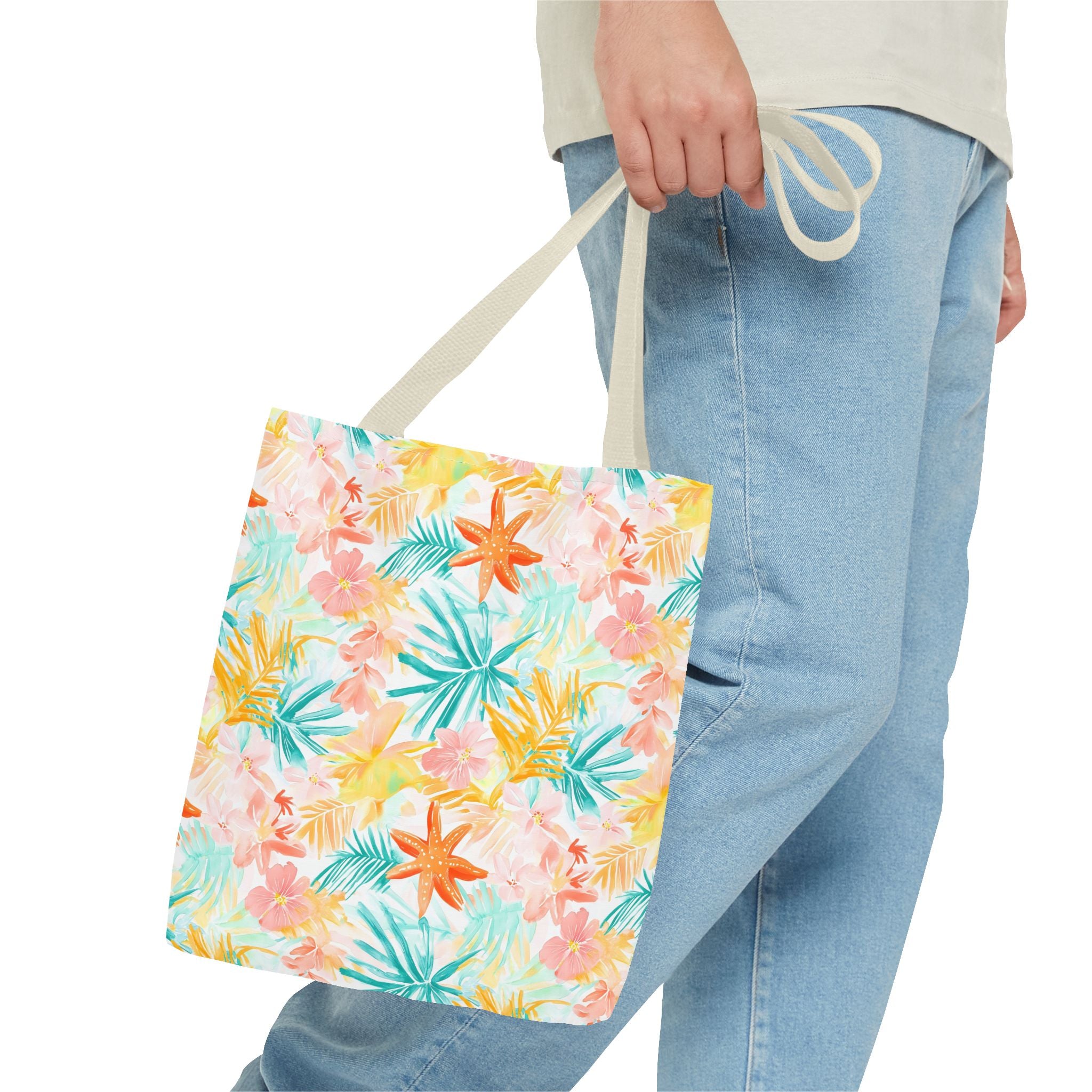 Tropical Starfish- Floral Tote Bag, Summer Beach Bag, Eco-Friendly Shopping Tote, Reusable Grocery Bag, Gift for Her