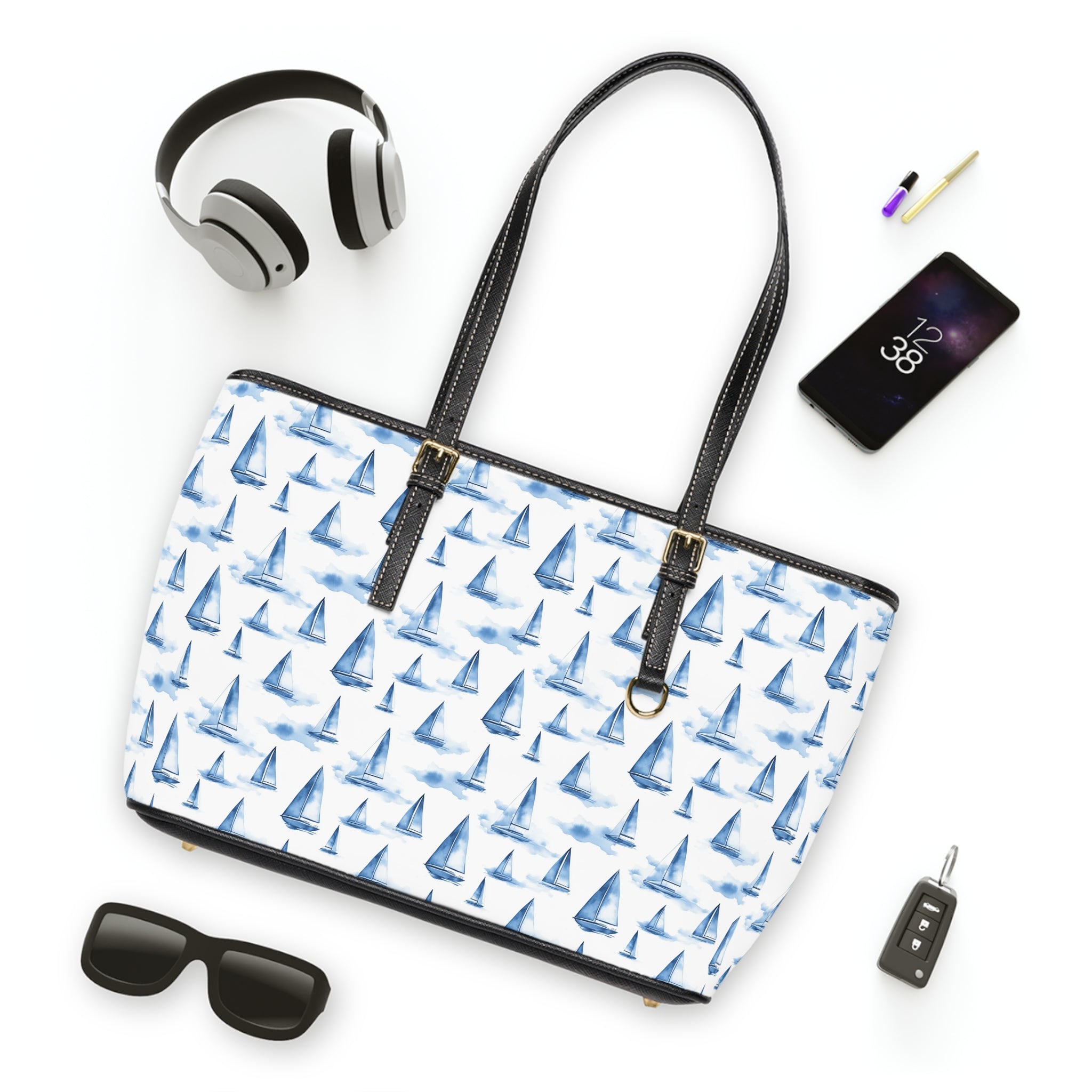 Blue Sailboat- Leather Shoulder Bag, Stylish Tote for Beach Days, Sailboat Design, Summer Travel, Gift for Sailors, Coastal Vibes