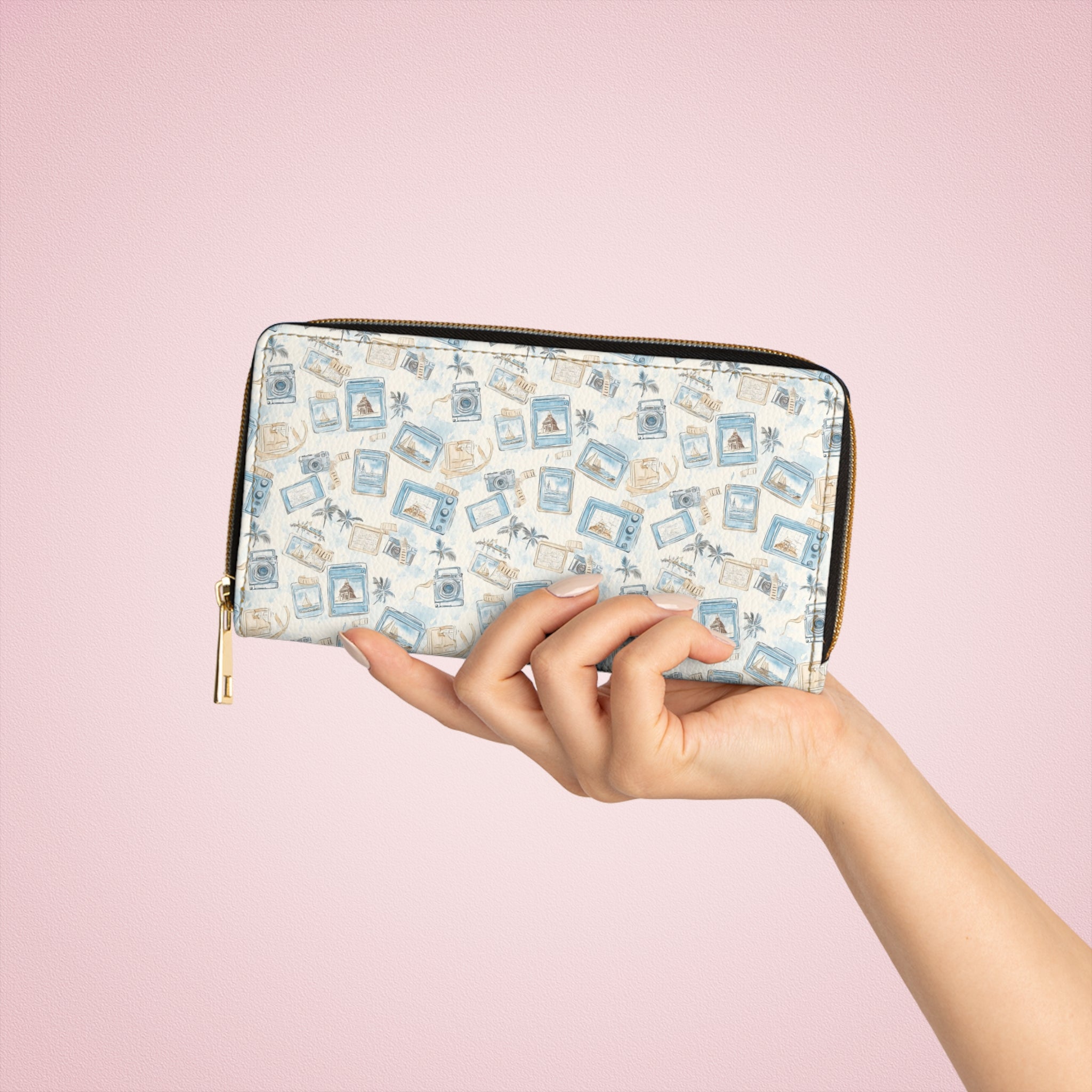 Vintage Vacay Vegan Leather Wallet, Tropical Travel Zipper Wallet - Vintage Photo Design