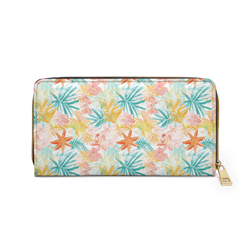 Tropical Starfish Vegan Leather Wallet, Zipper Wallet with Floral Design, Summer Accessory, Gift for Her, Travel Organizer, Stylish Coin Purse, Beach Vibes