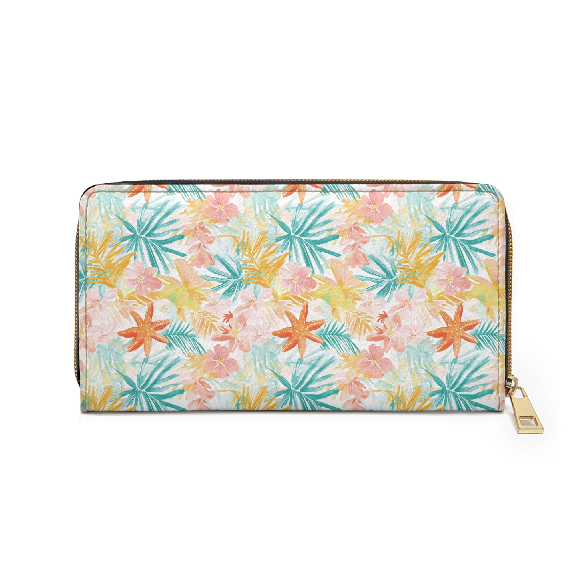 Tropical Starfish Vegan Leather Wallet, Zipper Wallet with Floral Design, Summer Accessory, Gift for Her, Travel Organizer, Stylish Coin Purse, Beach Vibes