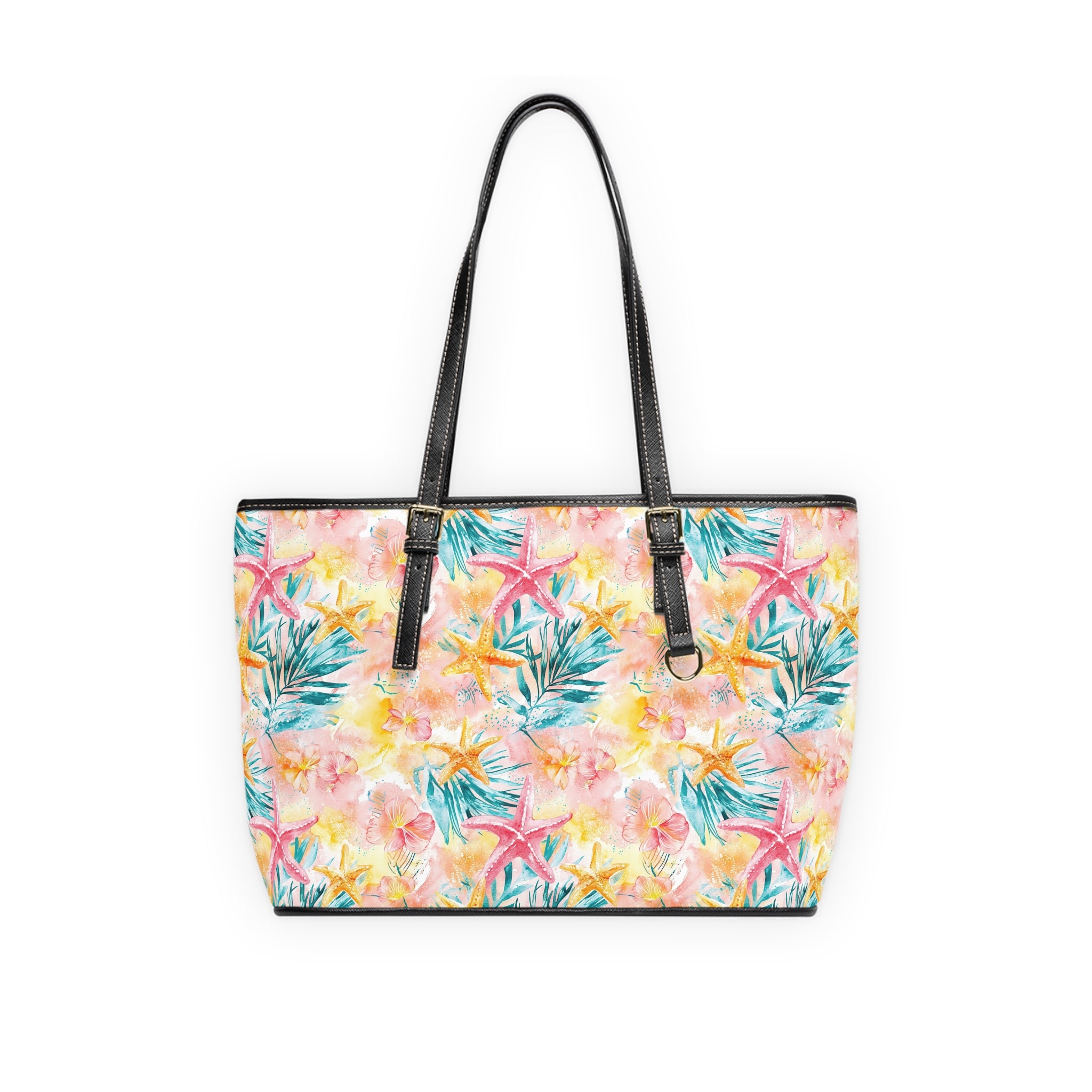 Pink Tropical Starfish- PU Leather Shoulder Bag, Stylish Handbag for Beach, Vacation Tote, Floral Print Purse, Perfect Gift for Summer