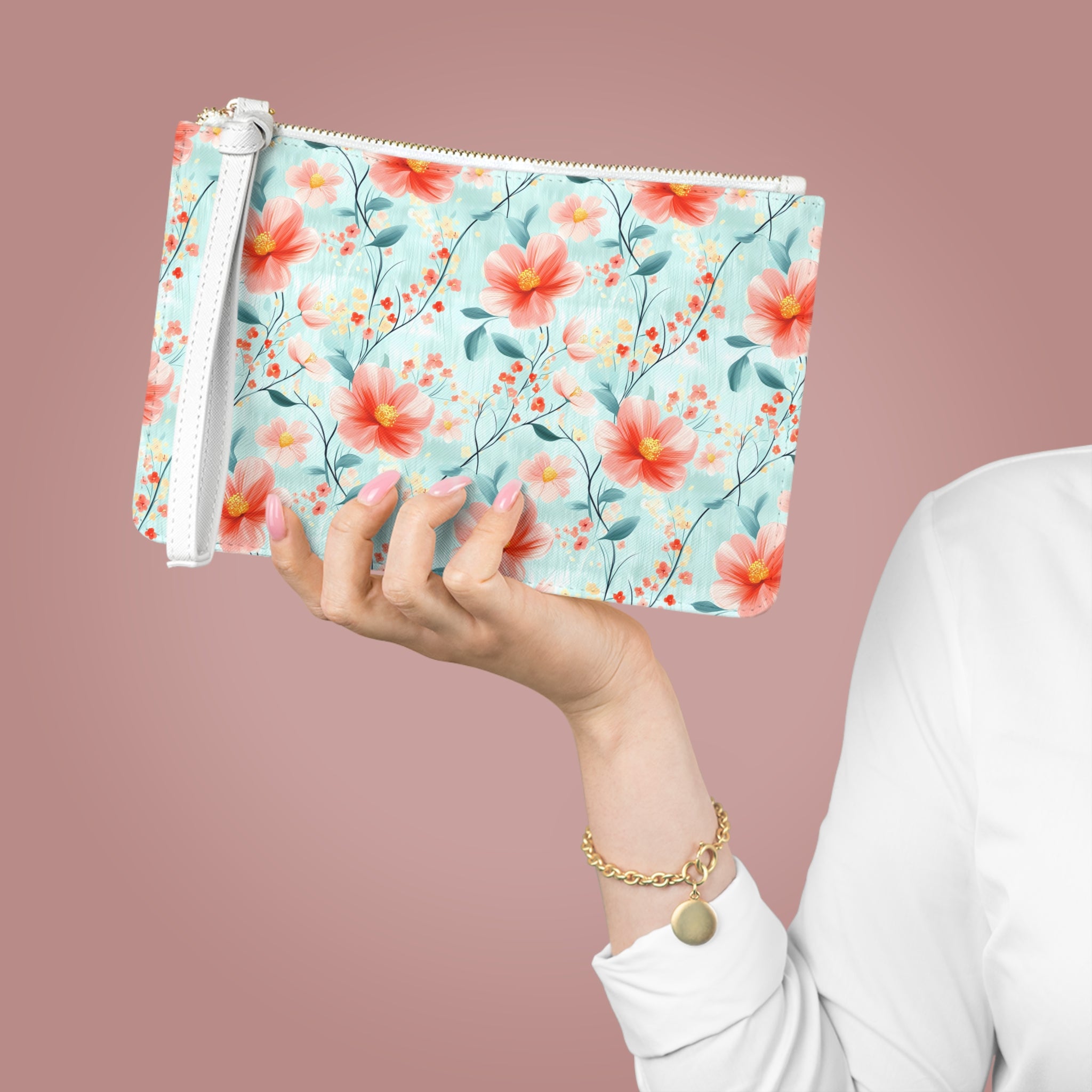 Teal Daisy Vegan Leather Clutch Bag - Stylish Pouch, Makeup Organizer, Evening Bag, Gift for Her, Bridesmaid Accessory