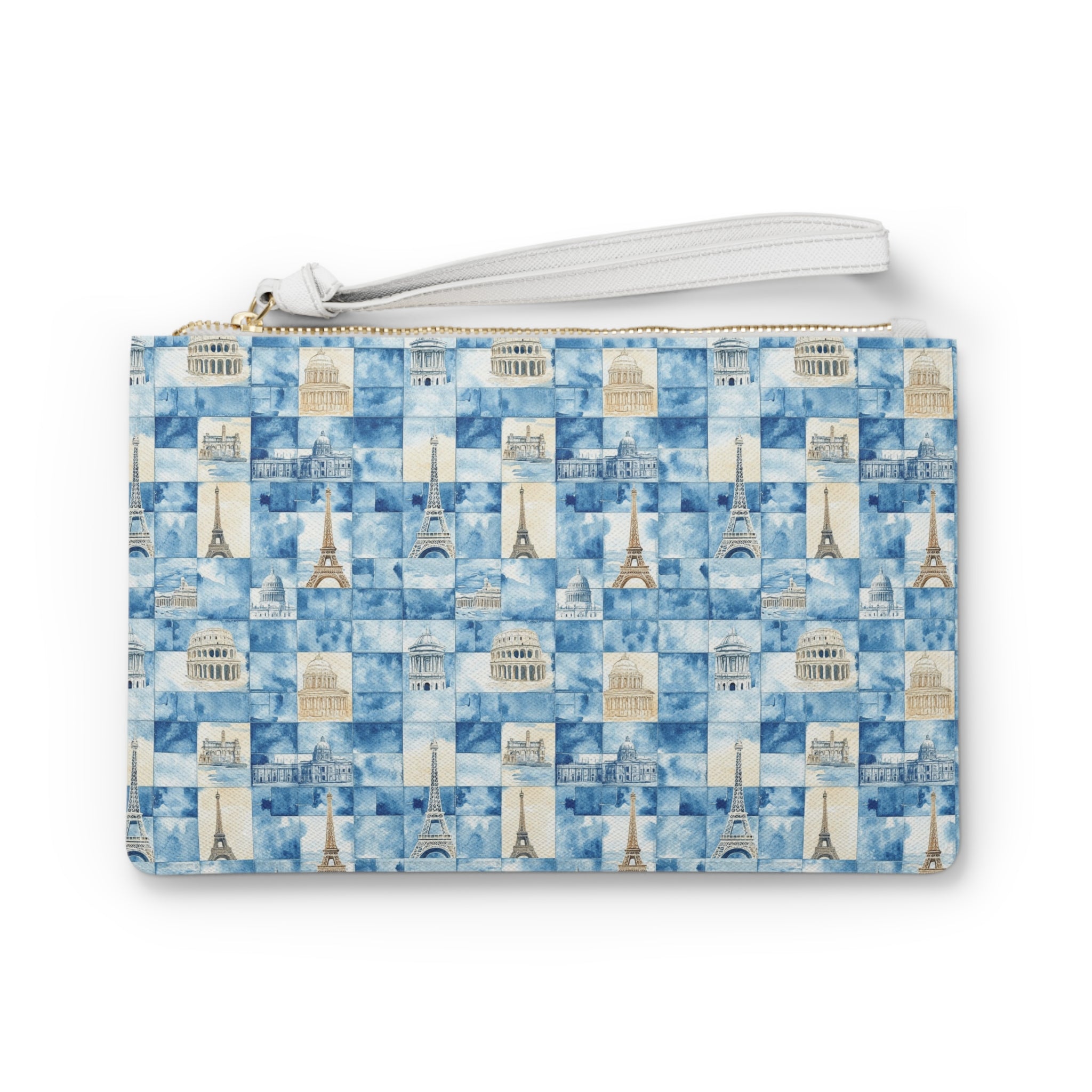Europe Vegan Leather Clutch Bag- Fashion Lovers, Blue Paris Print, Perfect for Gifts, Accessories, Occasions, and More