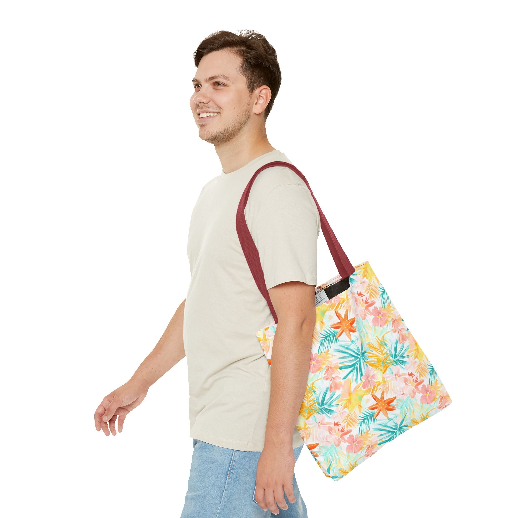 Tropical Starfish- Floral Tote Bag, Summer Beach Bag, Eco-Friendly Shopping Tote, Reusable Grocery Bag, Gift for Her