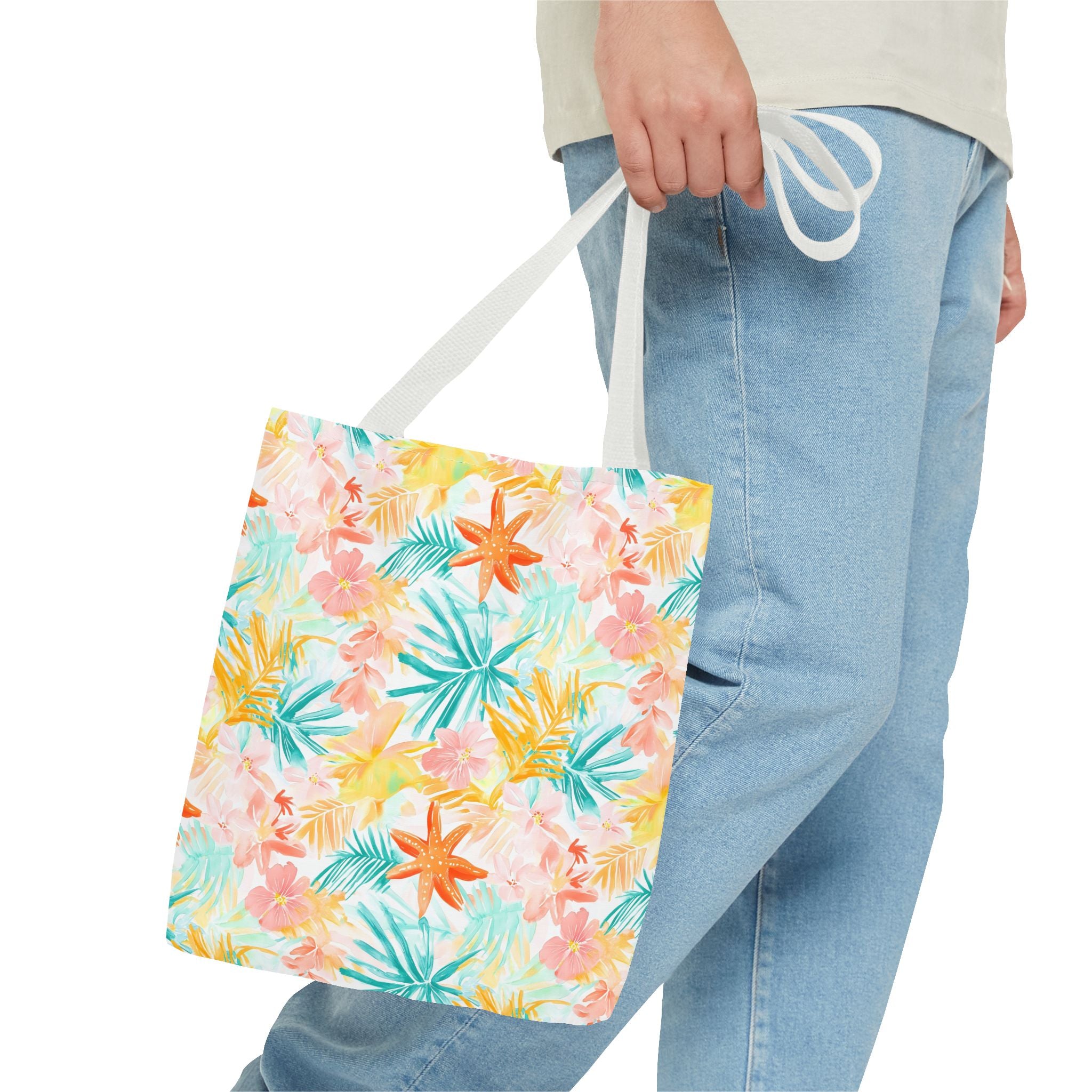 Tropical Starfish- Floral Tote Bag, Summer Beach Bag, Eco-Friendly Shopping Tote, Reusable Grocery Bag, Gift for Her