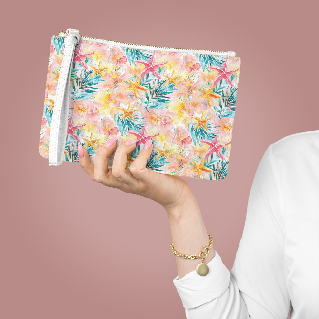Pink Tropical Starfish Vegan Leather Clutch Bag, Summer Accessory, Travel Purse, Beach Clutch, Floral Handbag, Gift for Her, Vacation Essentials