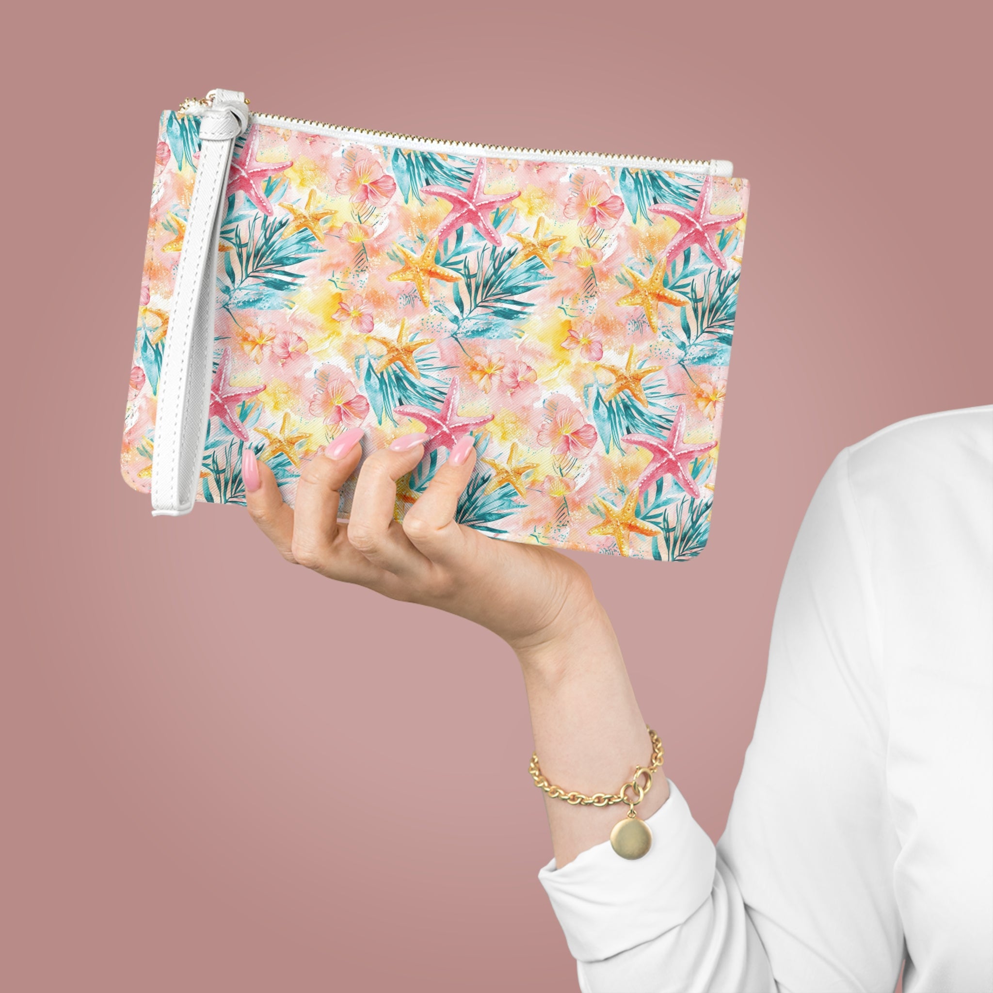 Pink Tropical Starfish Vegan Leather Clutch Bag, Summer Accessory, Travel Purse, Beach Clutch, Floral Handbag, Gift for Her, Vacation Essentials